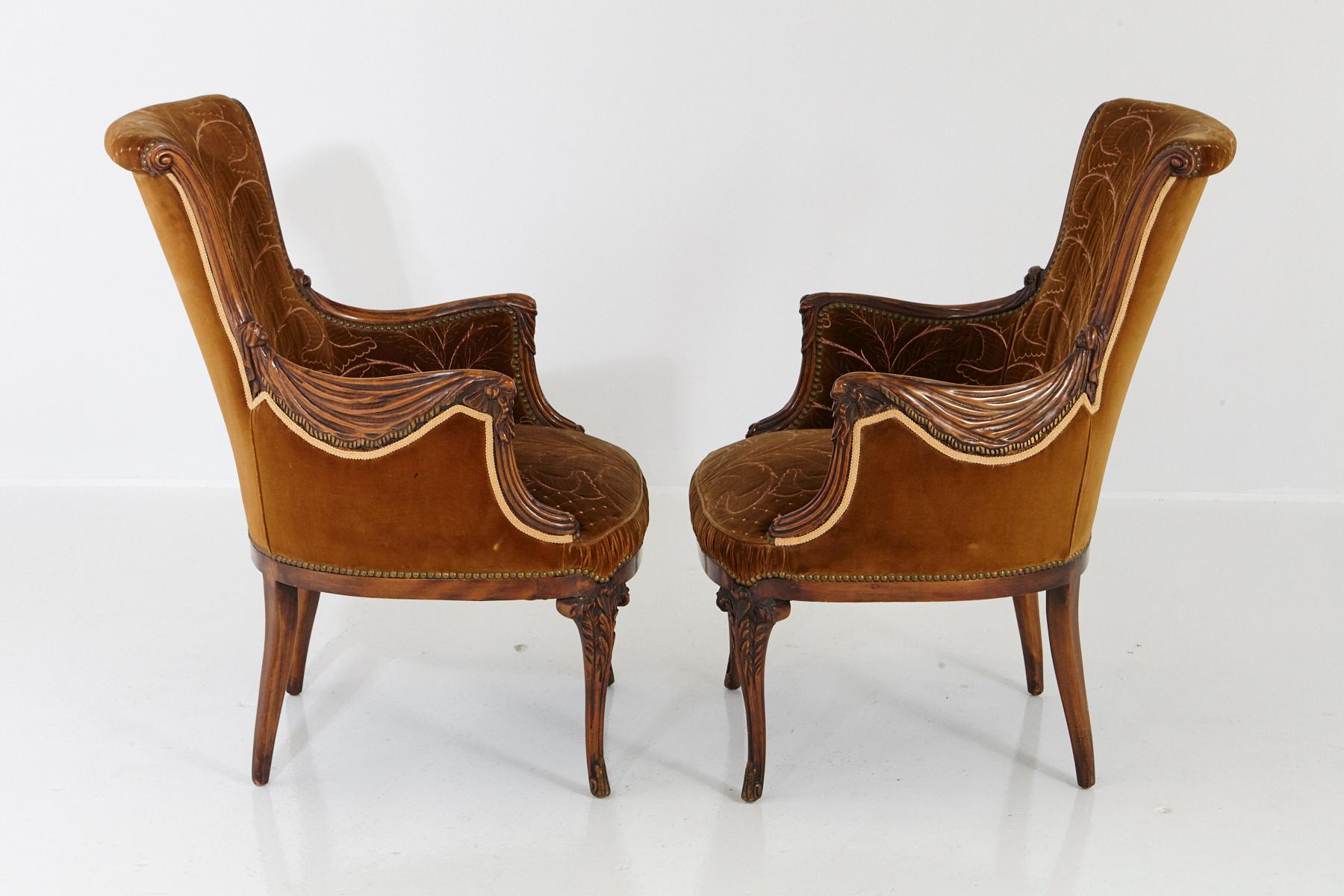 Pair of French Art Nouveau Armchairs, Two-Tone Cognac Colored Embroidered Velvet 11