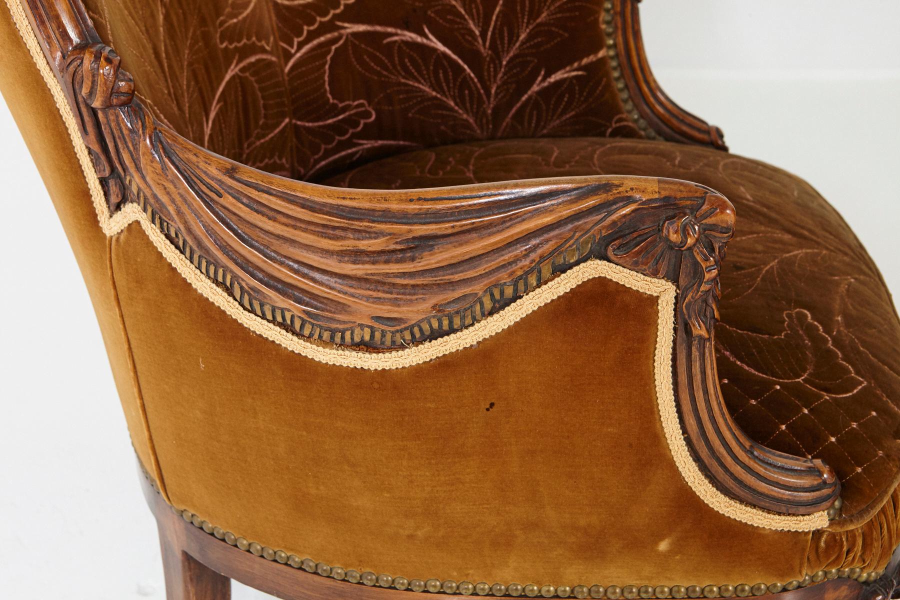 Pair of French Art Nouveau Armchairs, Two-Tone Cognac Colored Embroidered Velvet 12