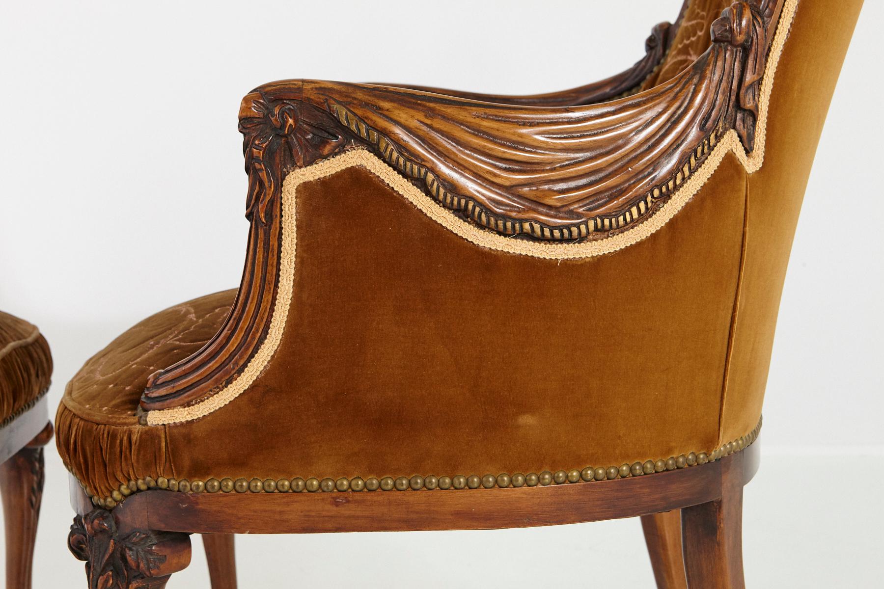 Pair of French Art Nouveau Armchairs, Two-Tone Cognac Colored Embroidered Velvet 14
