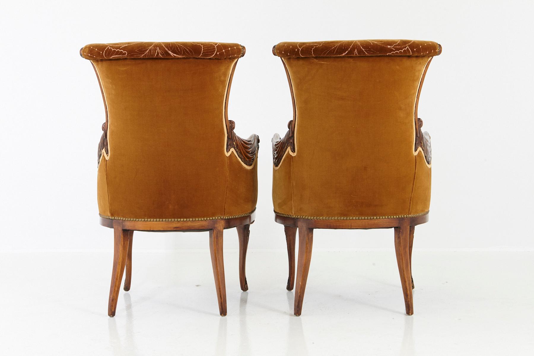 20th Century Pair of French Art Nouveau Armchairs, Two-Tone Cognac Colored Embroidered Velvet