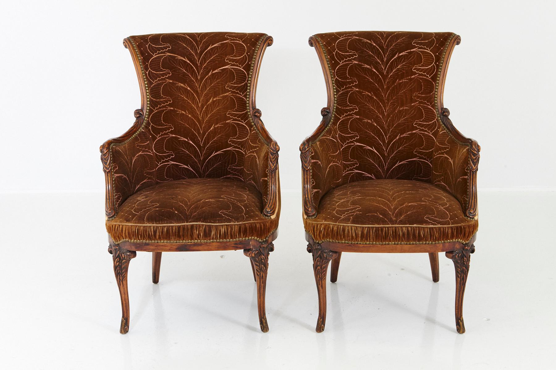Pair of French Art Nouveau Armchairs, Two-Tone Cognac Colored Embroidered Velvet 1