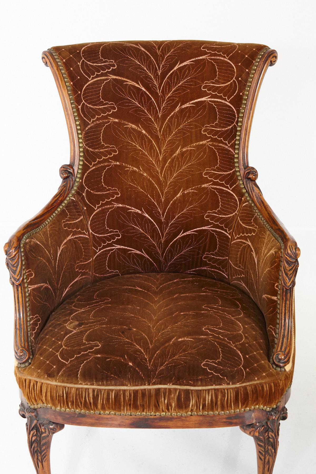 Pair of French Art Nouveau Armchairs, Two-Tone Cognac Colored Embroidered Velvet 2