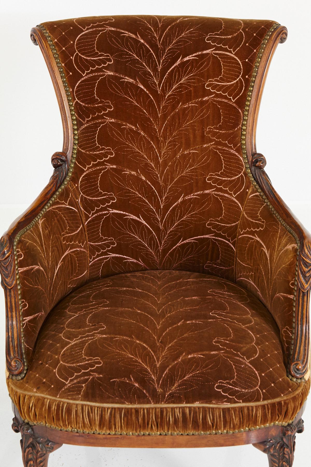 Pair of French Art Nouveau Armchairs, Two-Tone Cognac Colored Embroidered Velvet 4