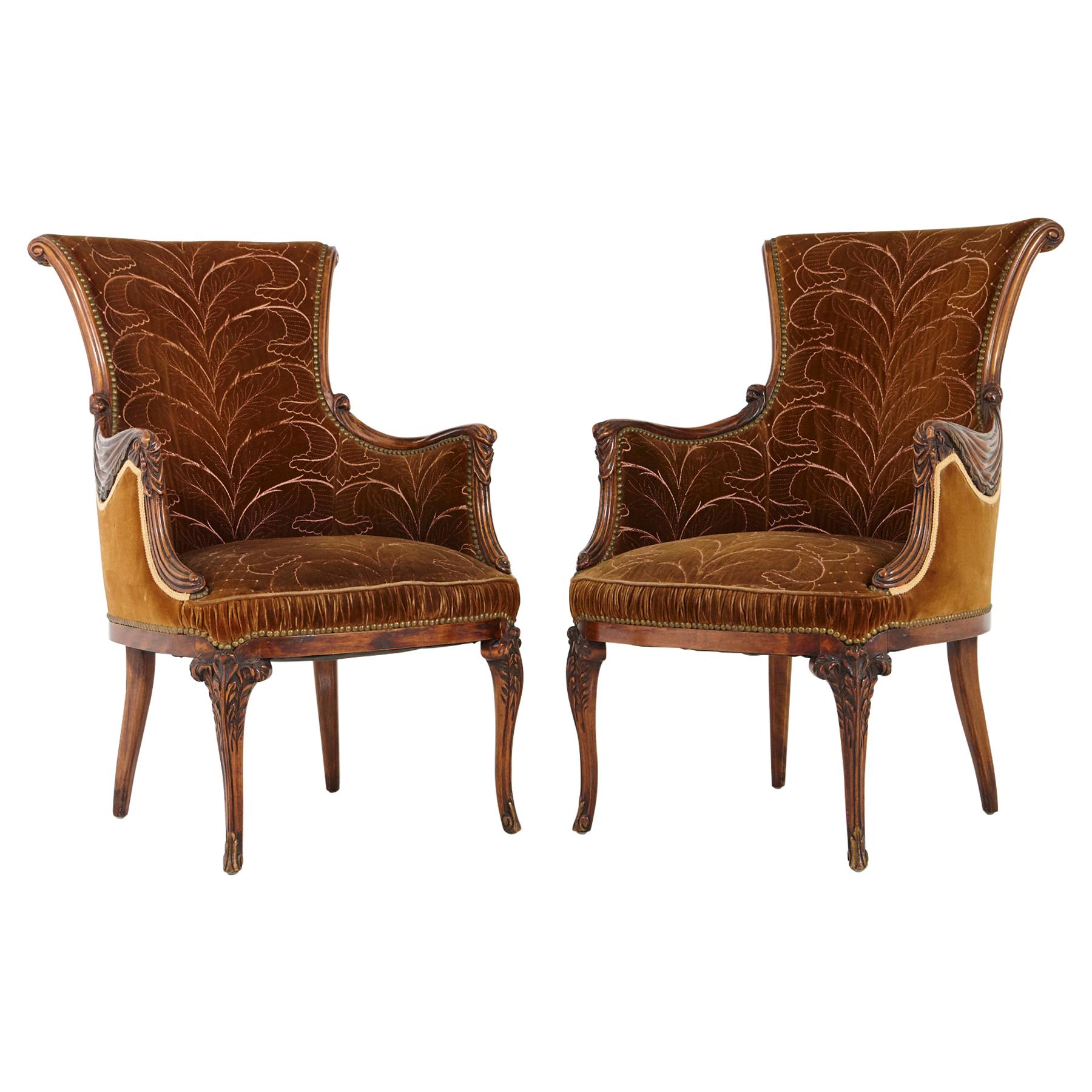Pair of French Art Nouveau Armchairs, Two-Tone Cognac Colored Embroidered Velvet