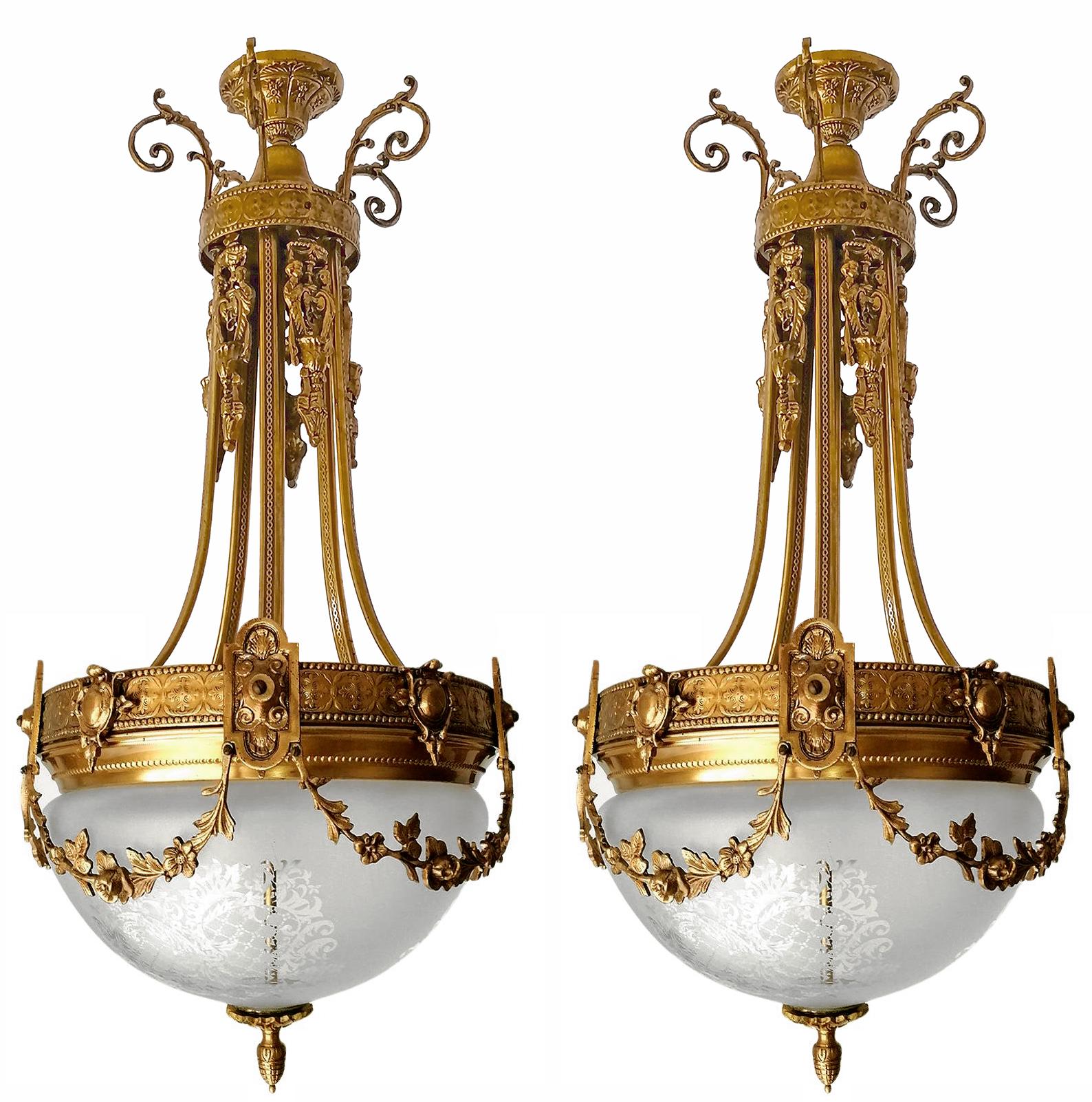 Etched Pair of French Art Nouveau & Art Deco Chandeliers w Gilt Bronze Empire Caryatids