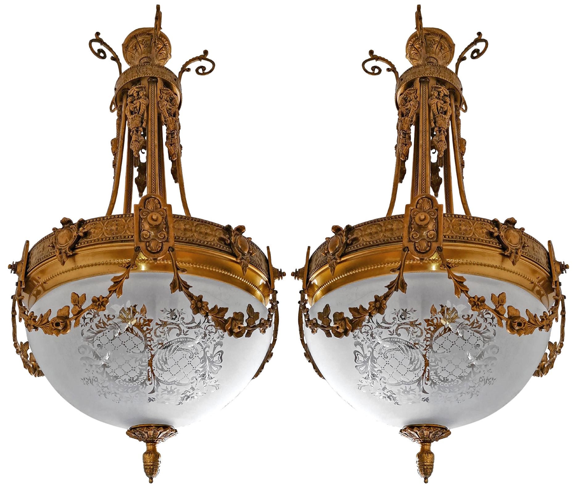 20th Century Pair of French Art Nouveau & Art Deco Chandeliers w Gilt Bronze Empire Caryatids