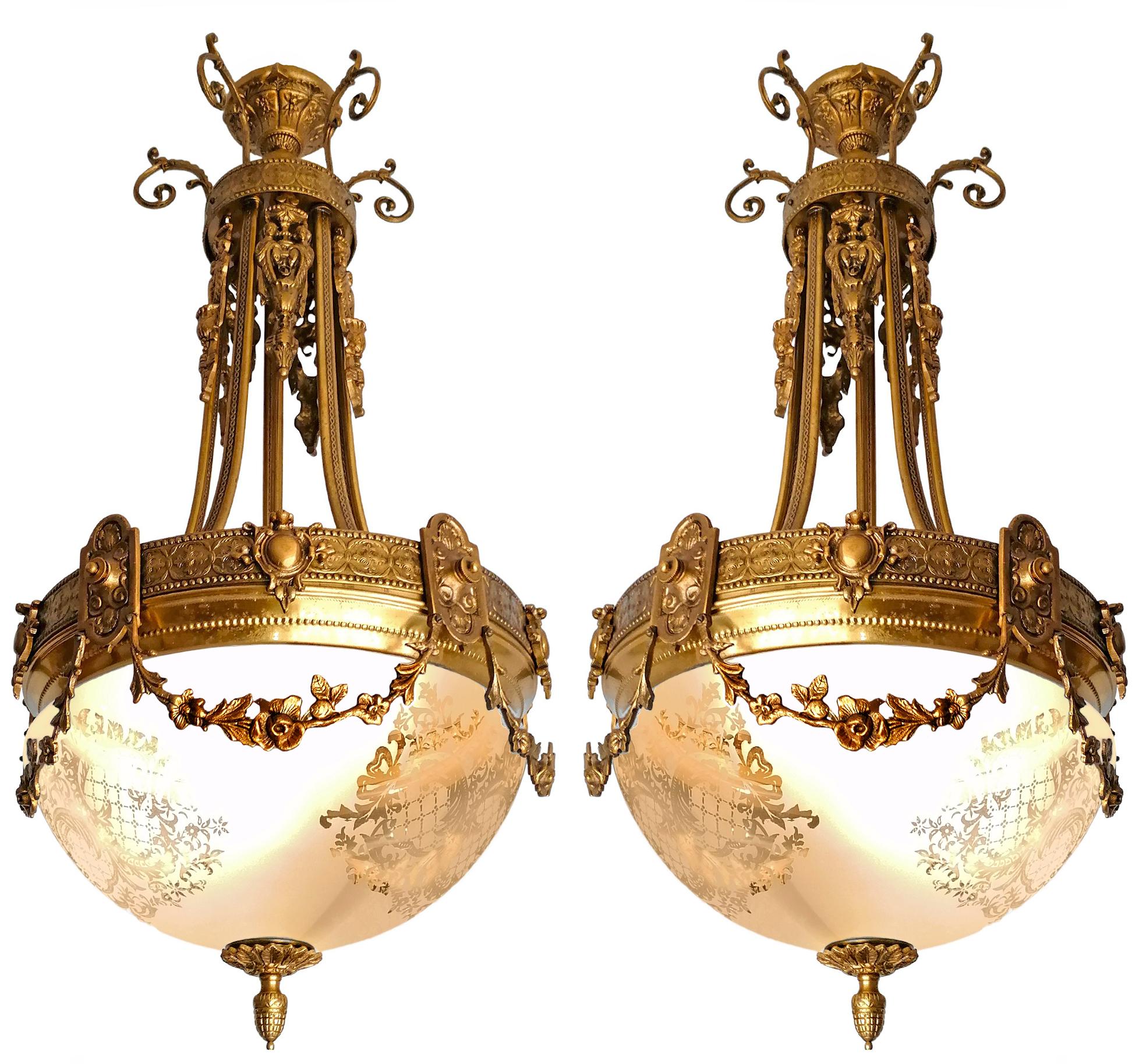 Brass Pair of French Art Nouveau & Art Deco Chandeliers w Gilt Bronze Empire Caryatids