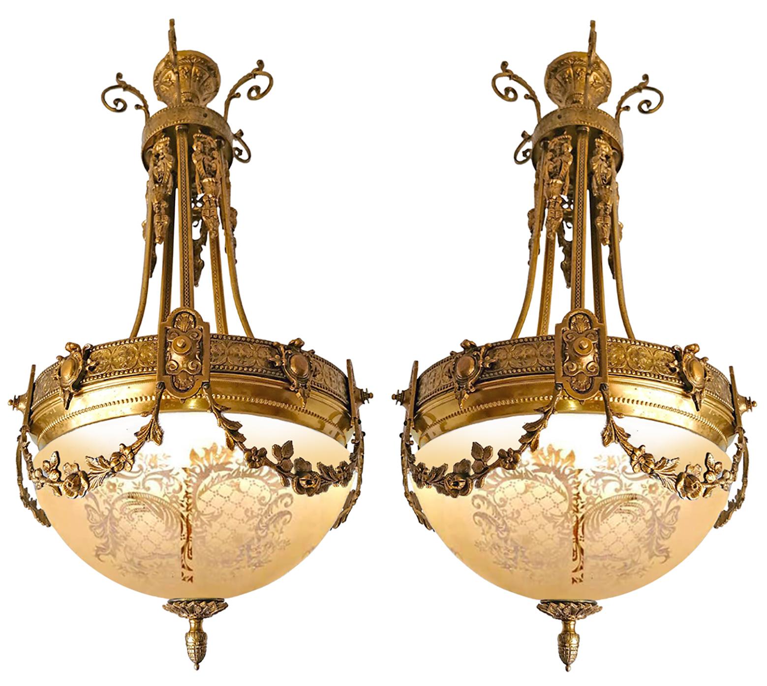 Pair of French Art Nouveau & Art Deco Chandeliers w Gilt Bronze Empire Caryatids 1