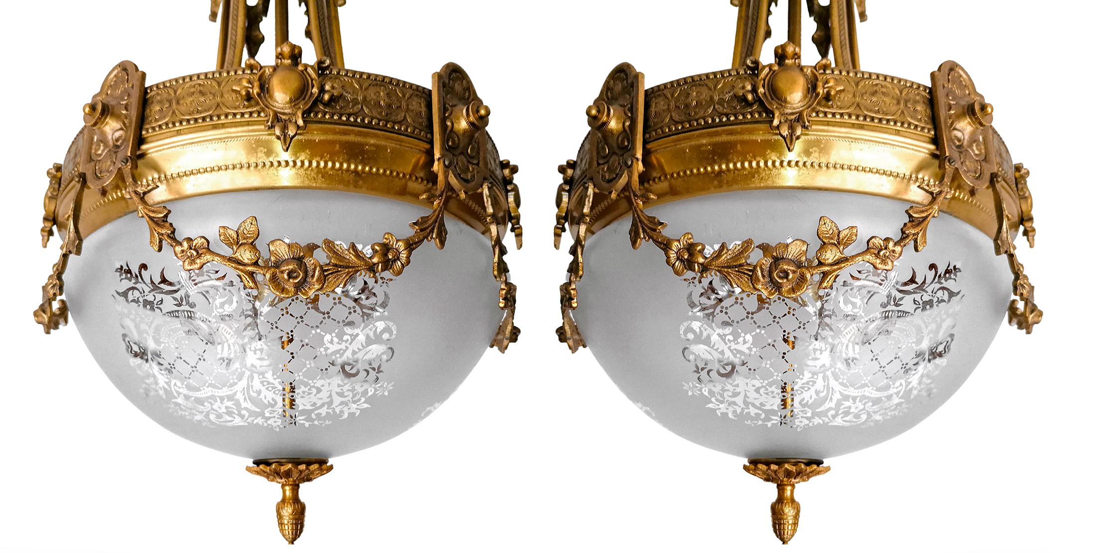 Pair of French Art Nouveau & Art Deco Chandeliers w Gilt Bronze Empire Caryatids 2