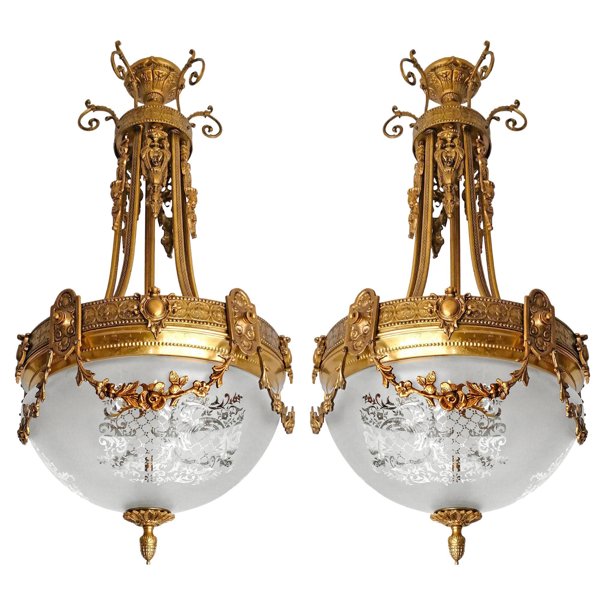 Pair of French Art Nouveau & Art Deco Chandeliers w Gilt Bronze Empire Caryatids