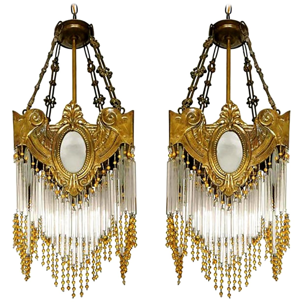 Pair of French Art Nouveau Art Deco Gilt Bronze Amber Beaded Fringe Chandeliers