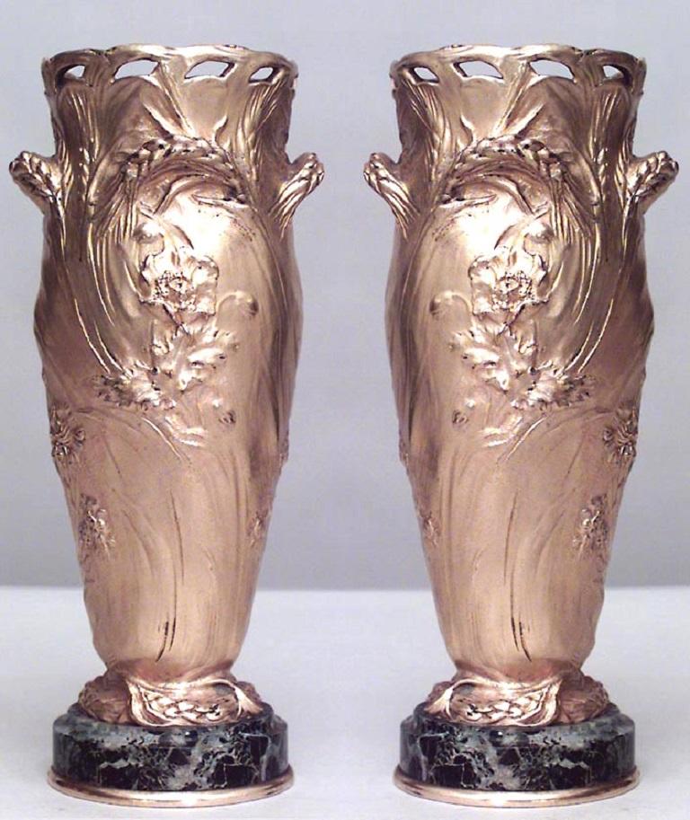 20th Century Pair of French Art Nouveau Barbedienne Bronze Dore Vases For Sale