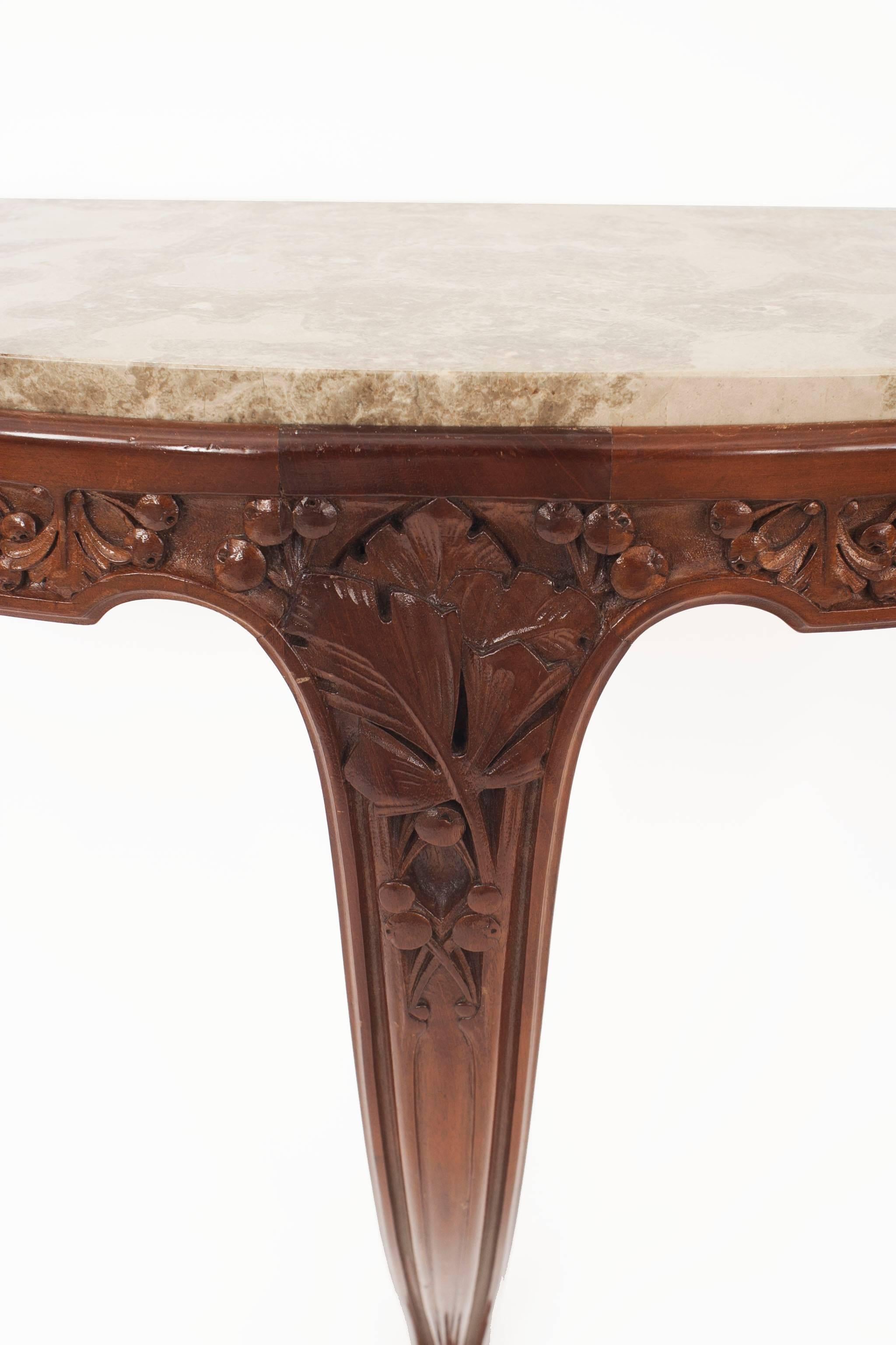 Marble Pair of French Art Nouveau Mahogany Console Tables For Sale