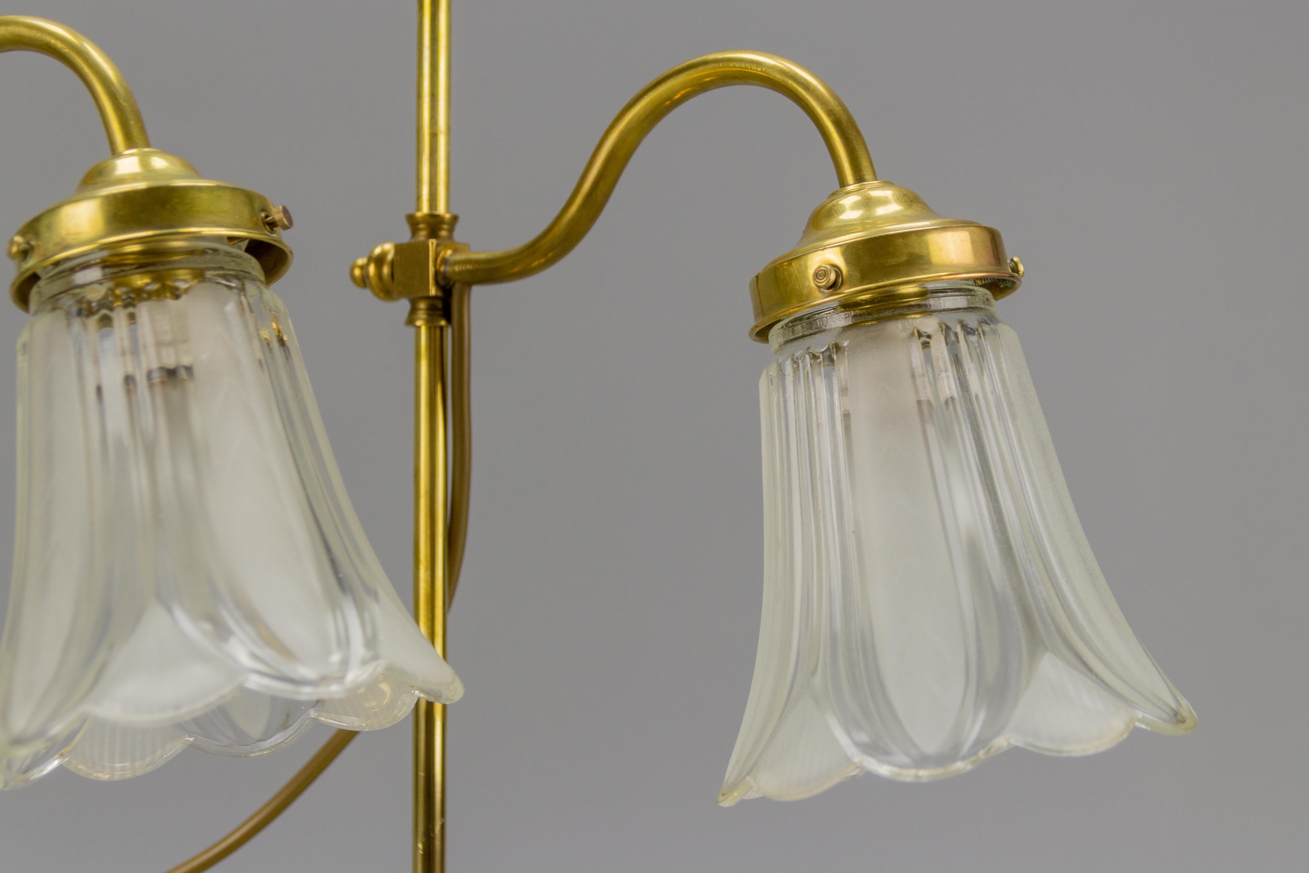 Mid-20th Century Pair of French Art Nouveau Brass and Floral Shaped Glass Table Lamps For Sale