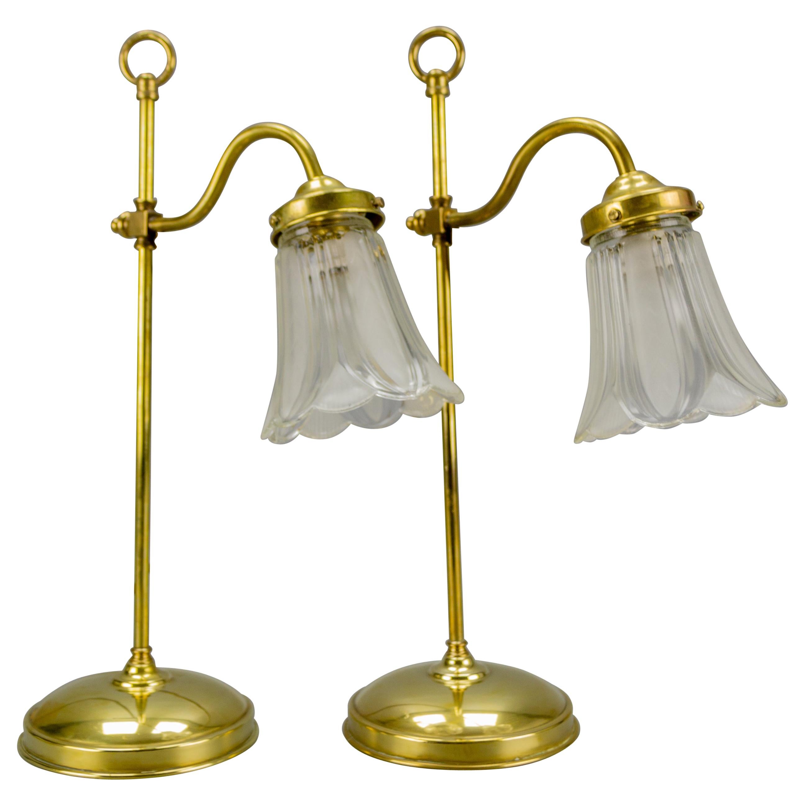 Pair of French Art Nouveau Brass and Floral Shaped Glass Table Lamps For Sale