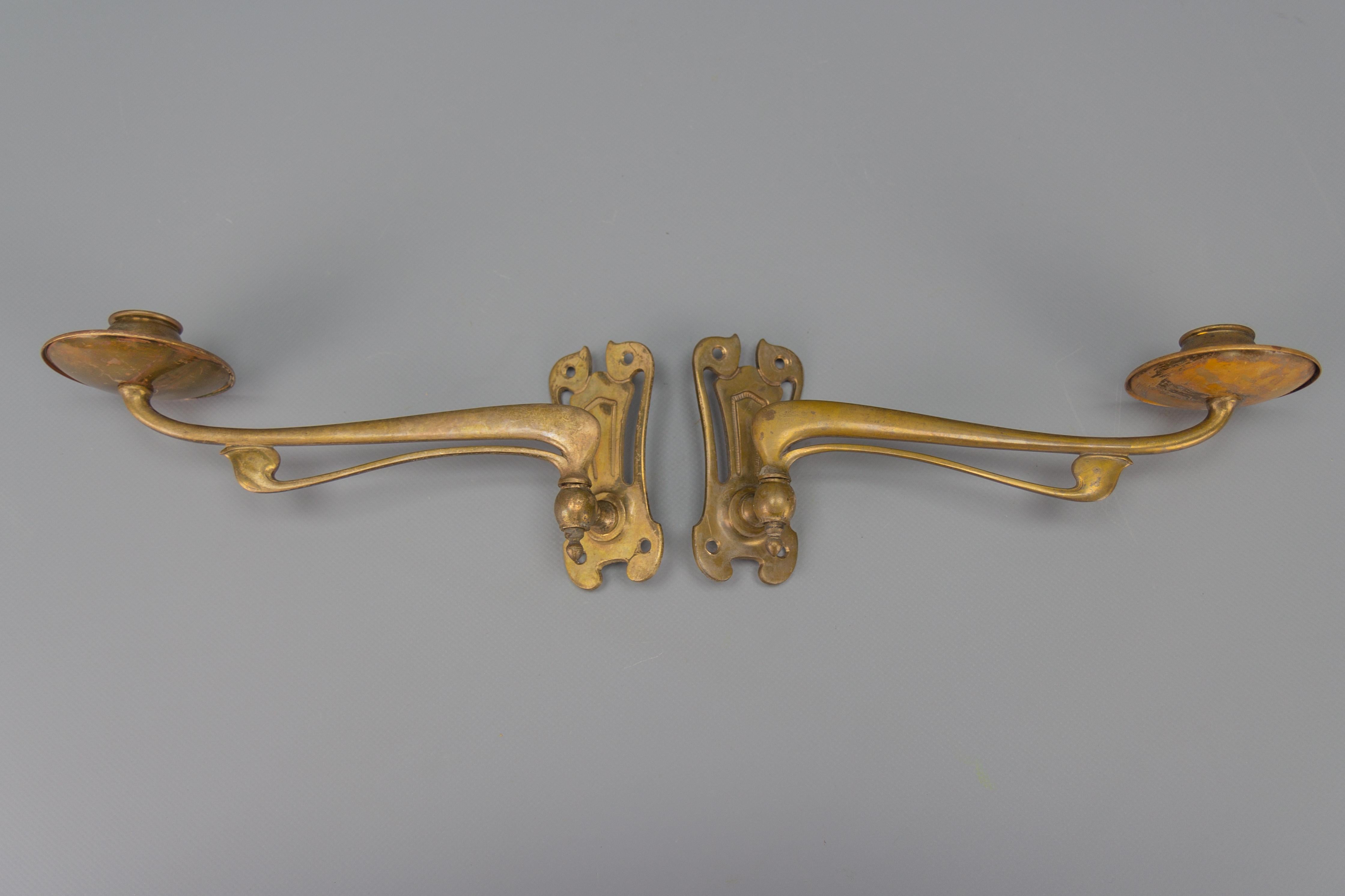Pair of French Art Nouveau Brass Piano Wall Sconces Swivel Candle Holders, 1920 10