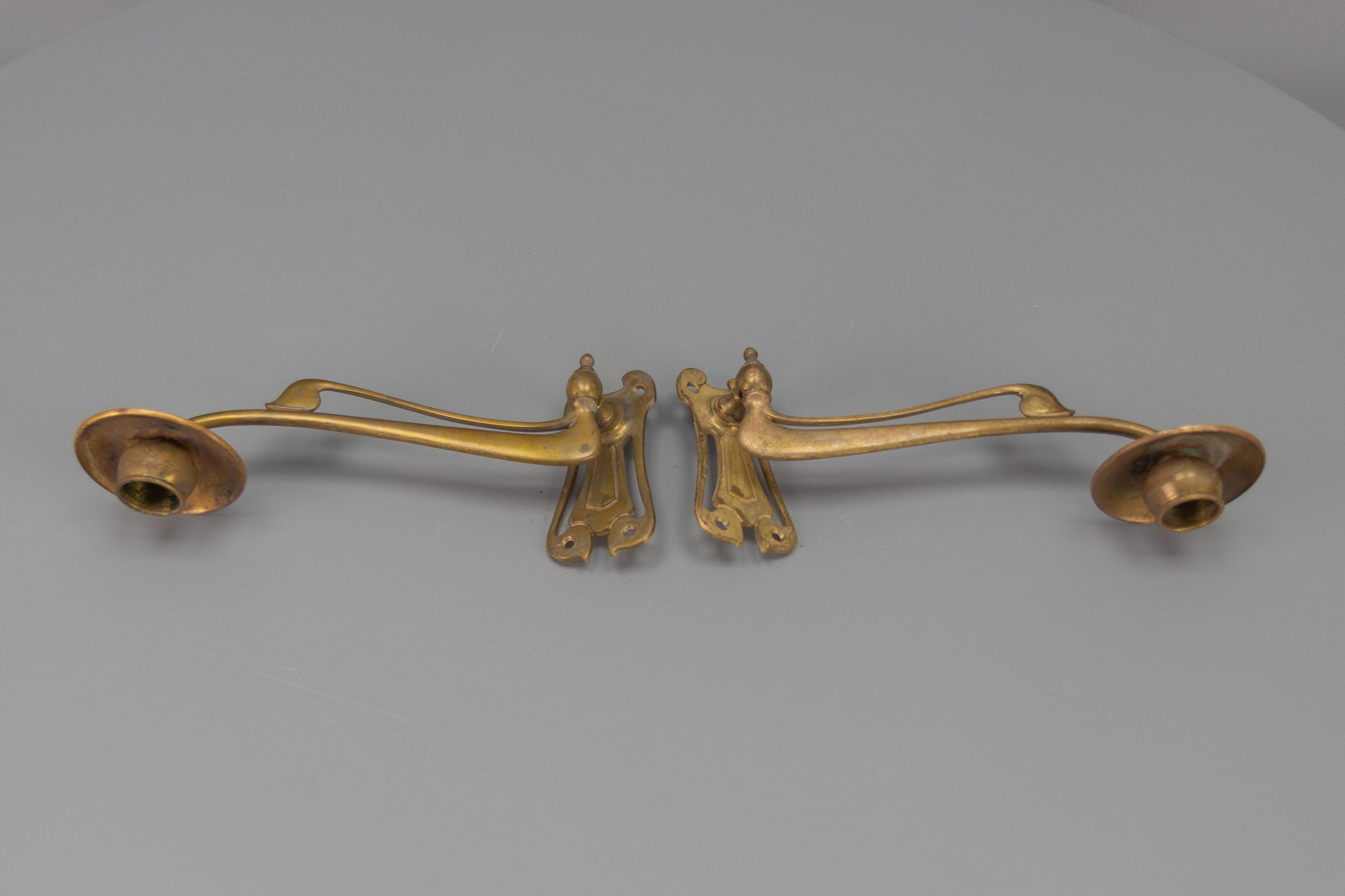 Pair of French Art Nouveau Brass Piano Wall Sconces Swivel Candle Holders, 1920 For Sale 1