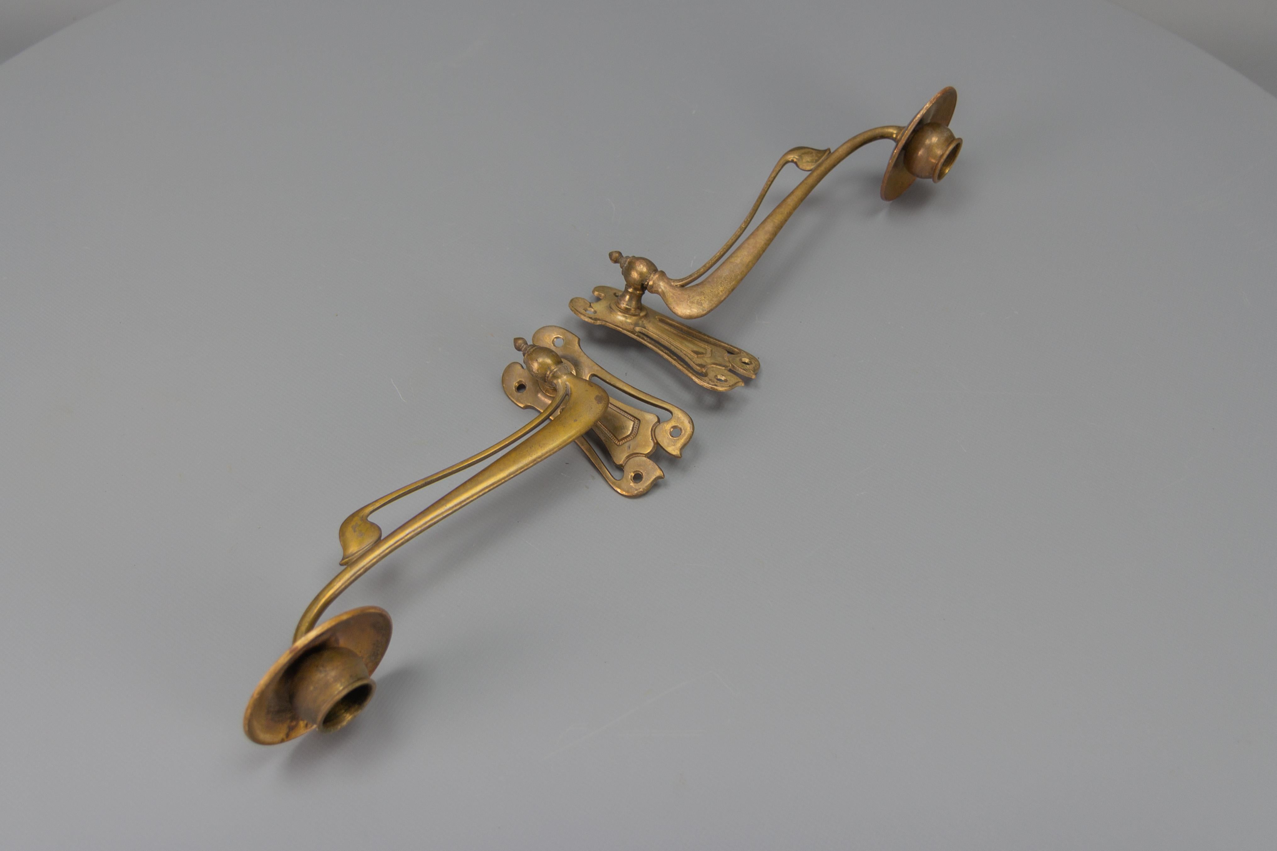 Early 20th Century Pair of French Art Nouveau Brass Piano Wall Sconces Swivel Candle Holders, 1920