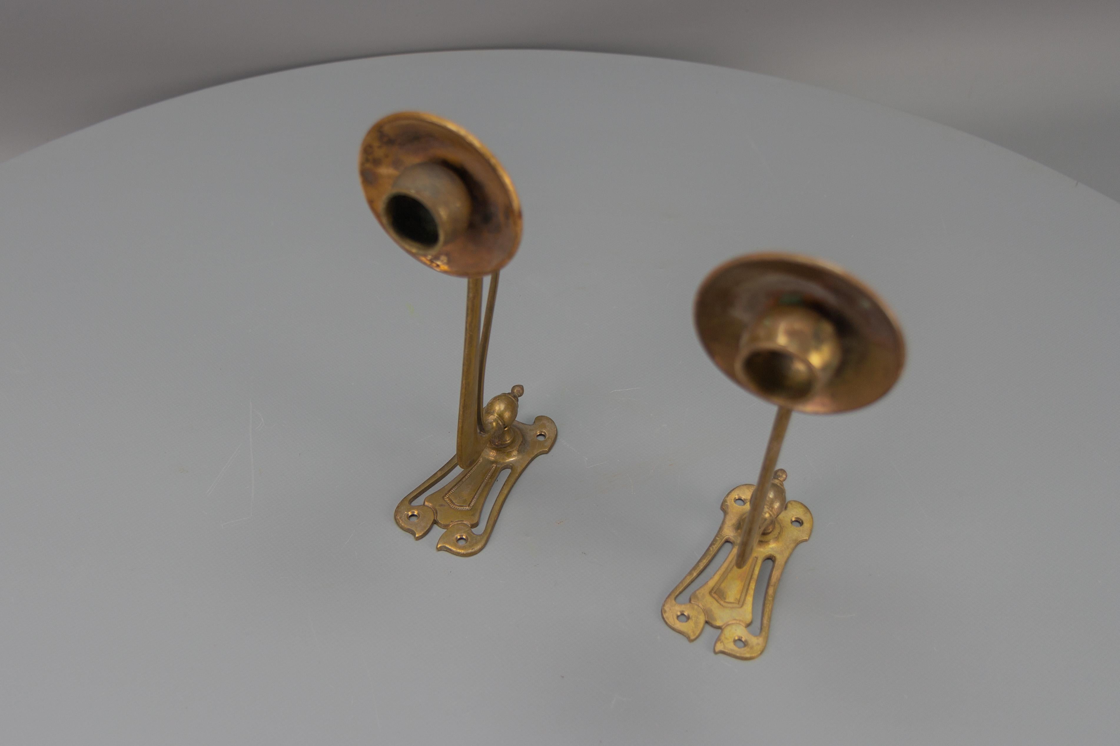 Pair of French Art Nouveau Brass Piano Wall Sconces Swivel Candle Holders, 1920 3