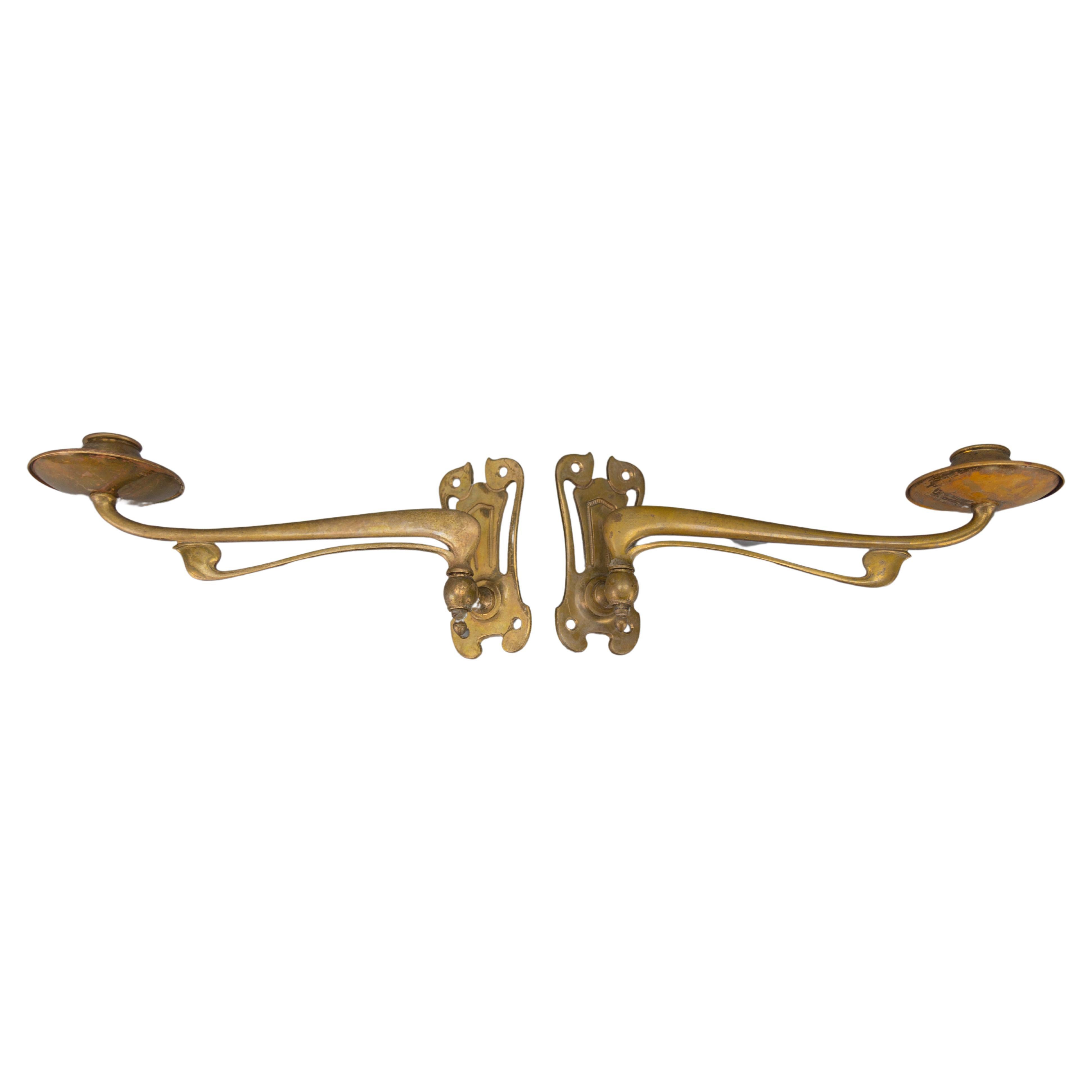 Pair of French Art Nouveau Brass Piano Wall Sconces Swivel Candle Holders, 1920 For Sale