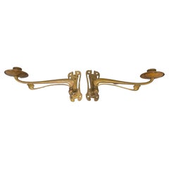 Antique Pair of French Art Nouveau Brass Piano Wall Sconces Swivel Candle Holders, 1920