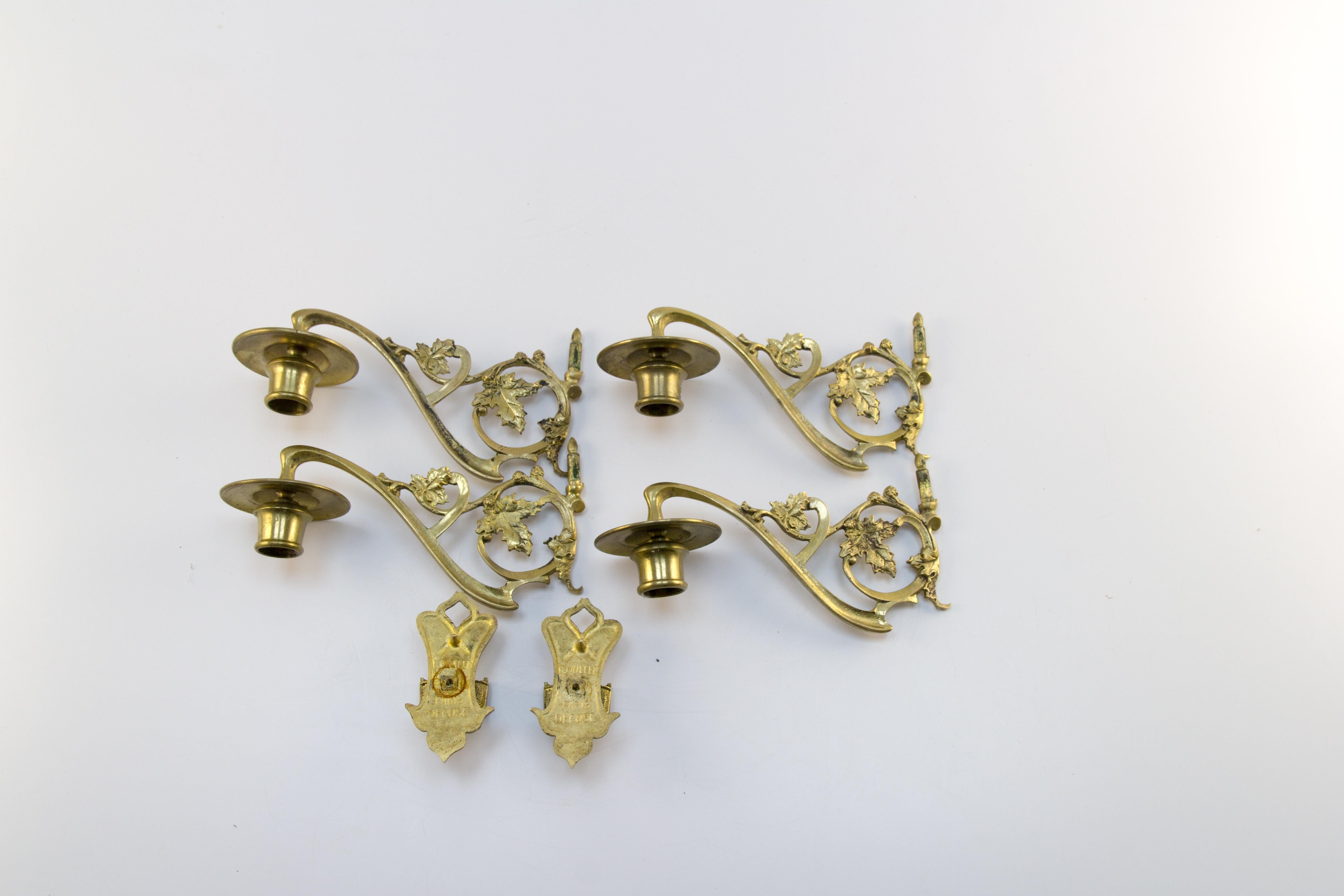 Pair of French Art Nouveau Brass Twin Arm Piano or Wall Candle Sconces 6