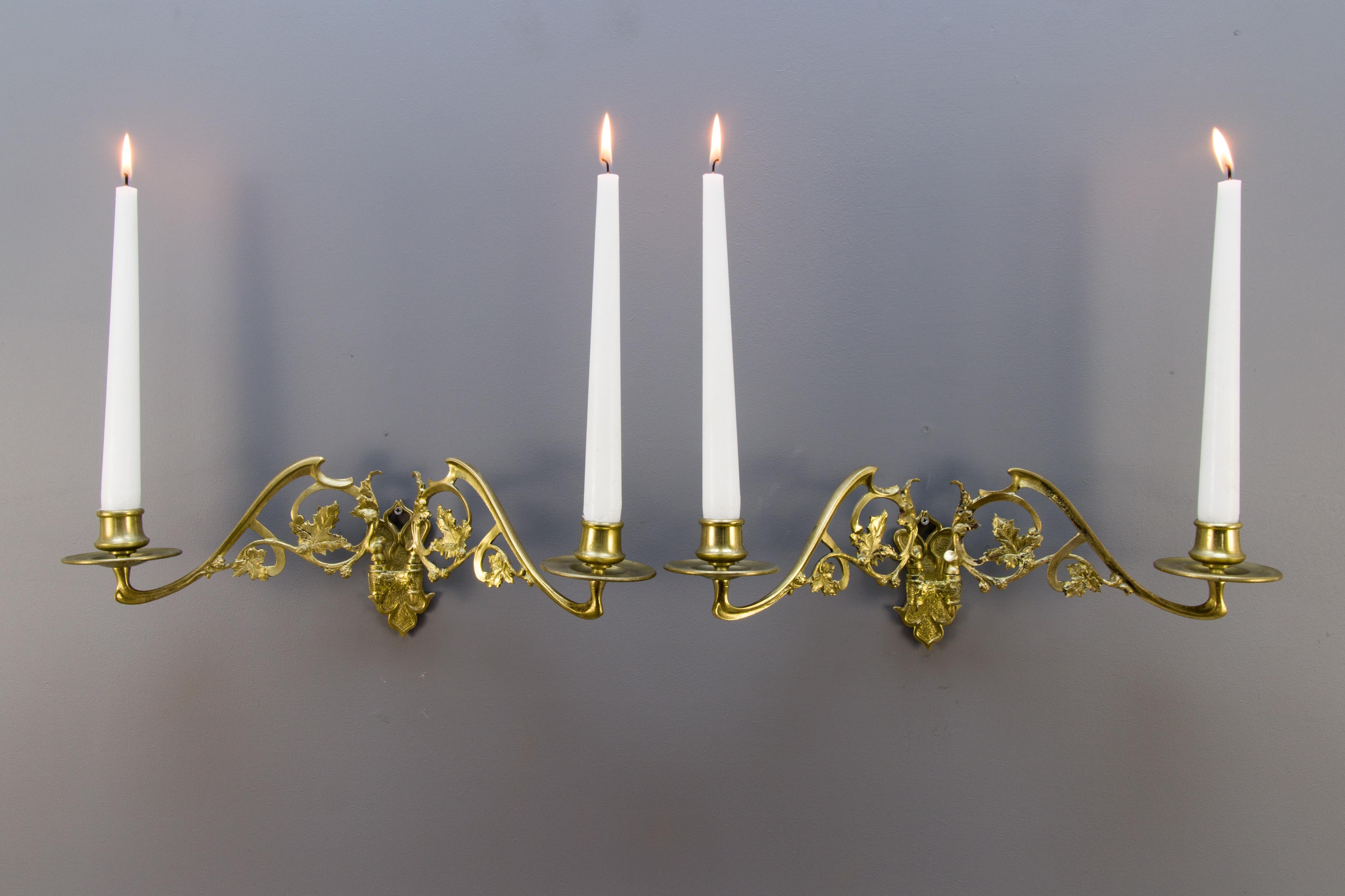 Pair of French Art Nouveau Brass Twin Arm Piano or Wall Candle Sconces 8