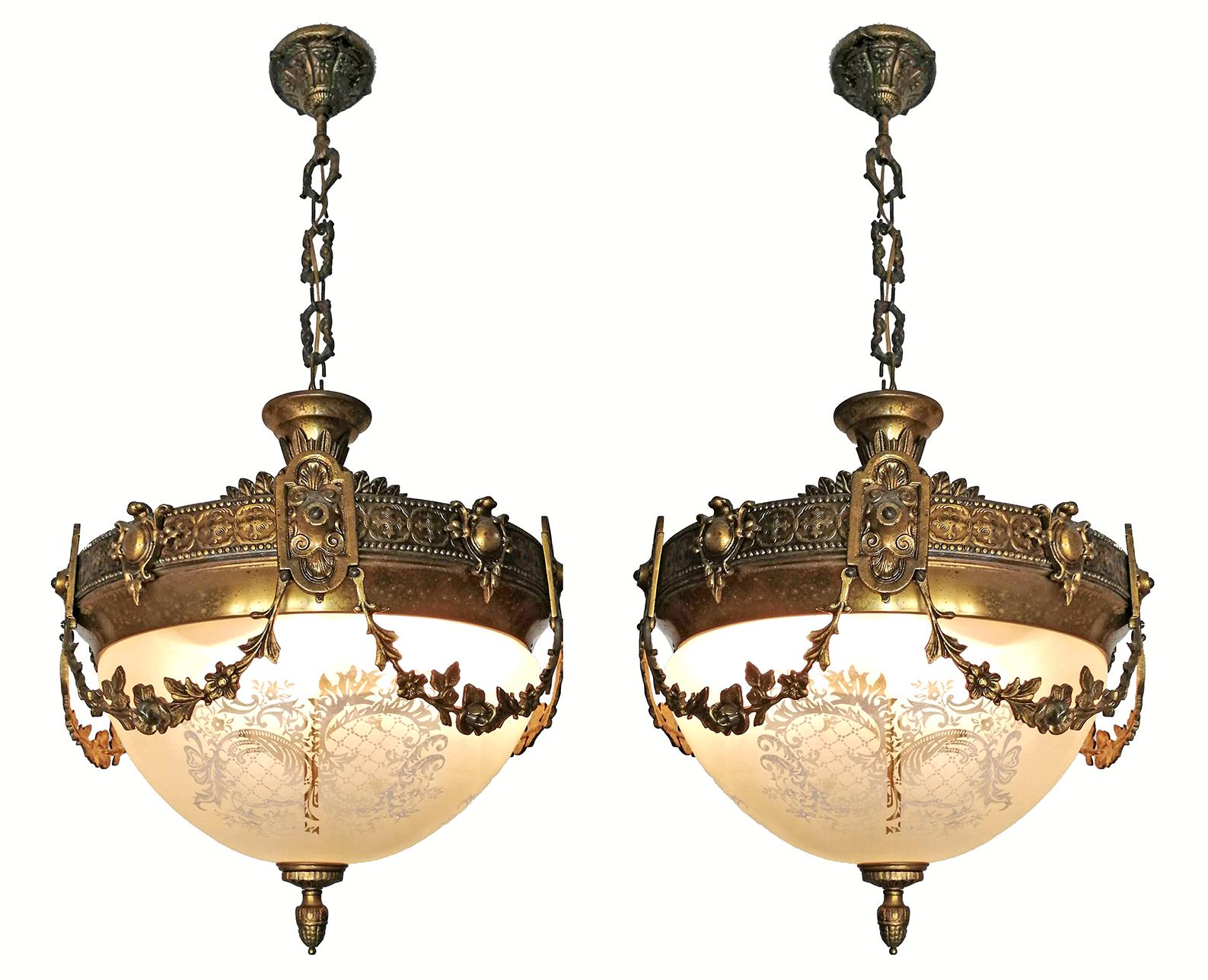 Pair of French Art Nouveau Bronze & Brass Etched Glass Chandeliers, Flush Mounts In Fair Condition In Coimbra, PT