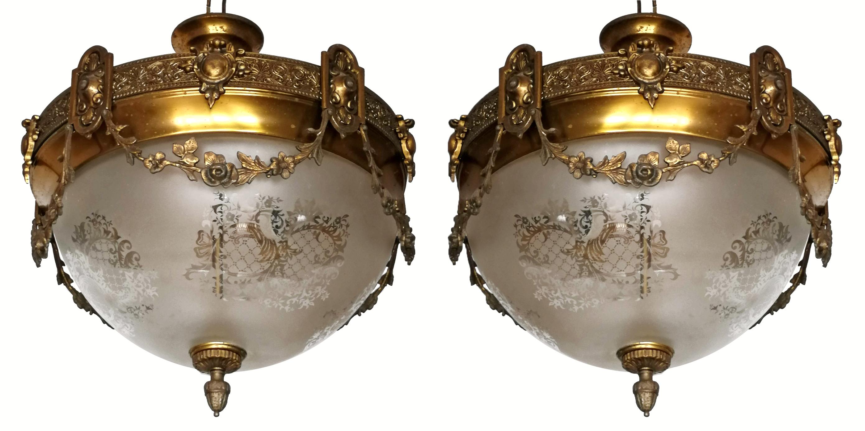 20th Century Pair of French Art Nouveau Bronze & Brass Etched Glass Chandeliers, Flush Mounts