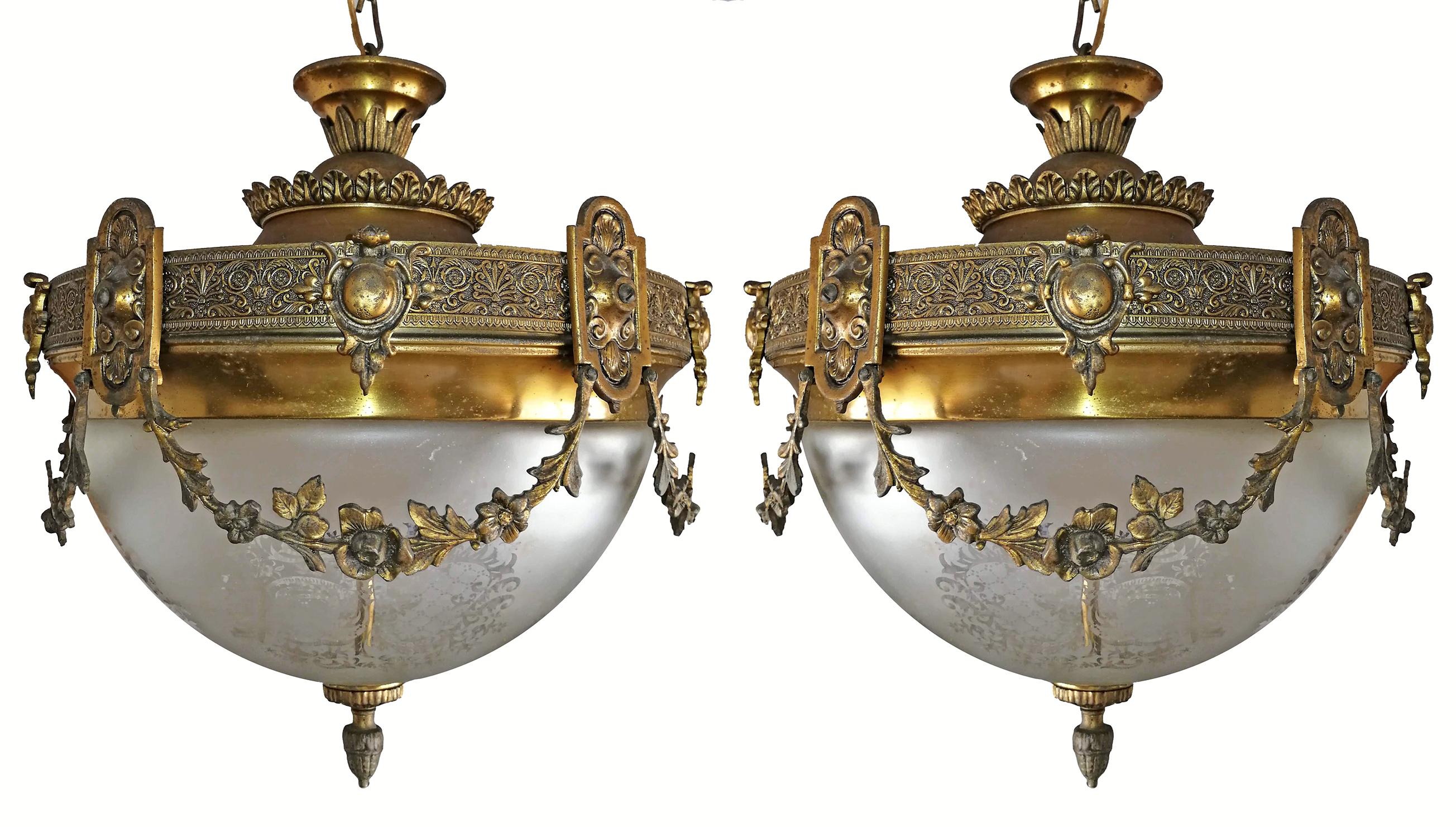 Pair of French Art Nouveau Bronze & Brass Etched Glass Chandeliers, Flush Mounts 1