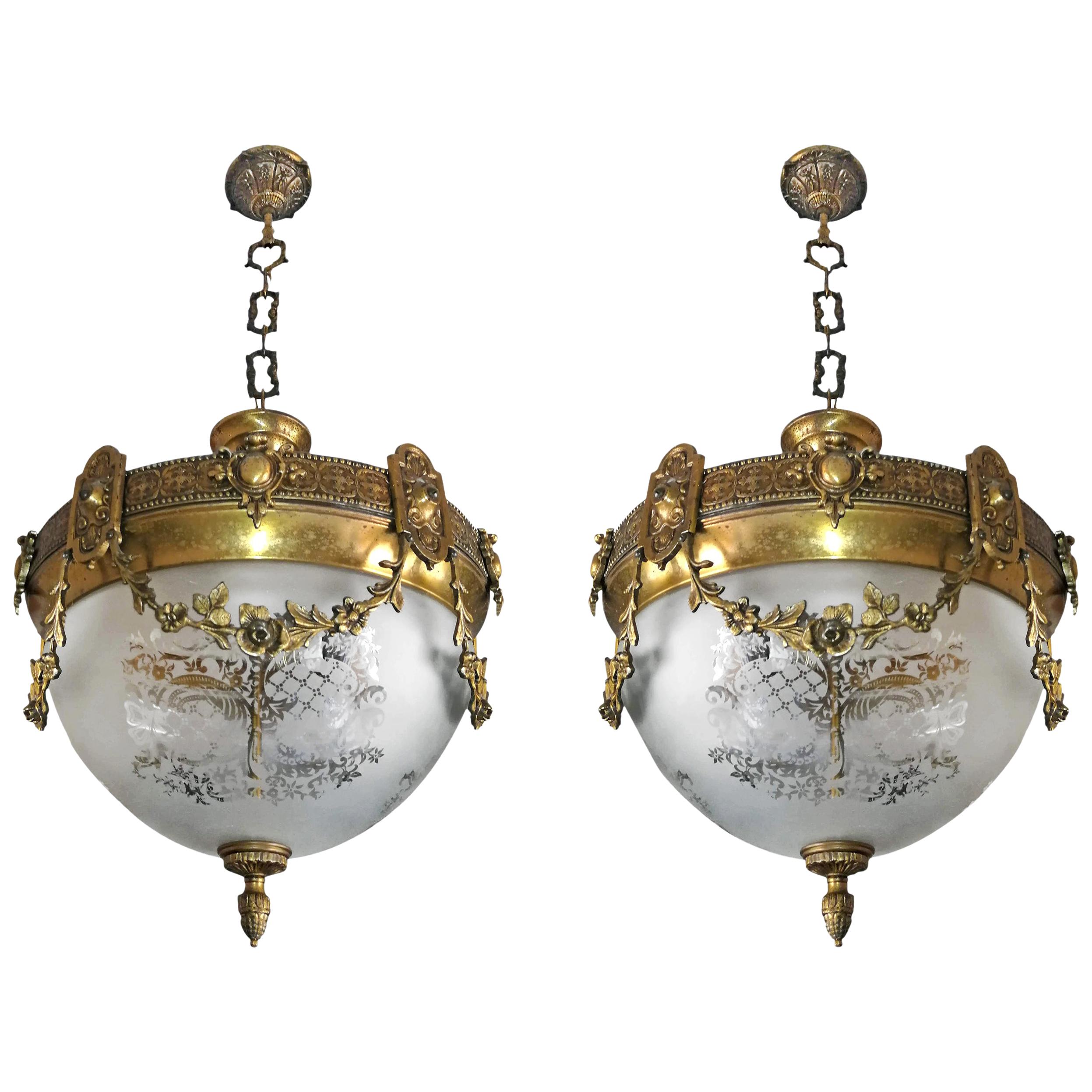 Pair of French Art Nouveau Bronze & Brass Etched Glass Chandeliers, Flush Mounts
