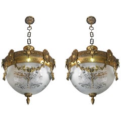 Antique Pair of French Art Nouveau Bronze & Brass Etched Glass Chandeliers, Flush Mounts