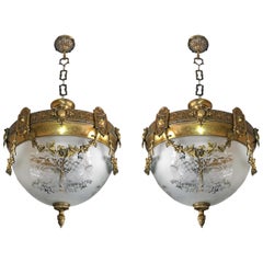 Antique Pair of French Art Nouveau Bronze & Brass Etched Glass Chandeliers, Flush Mounts