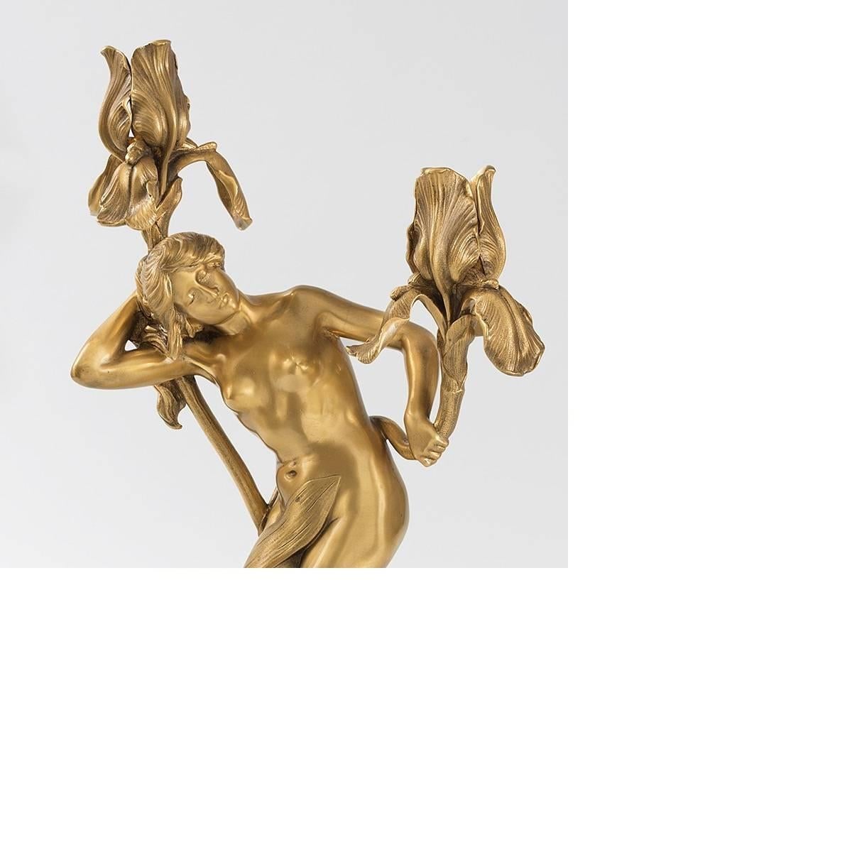 Gilt Pair of French Art Nouveau Bronze Candelabras by Maurice Bouval