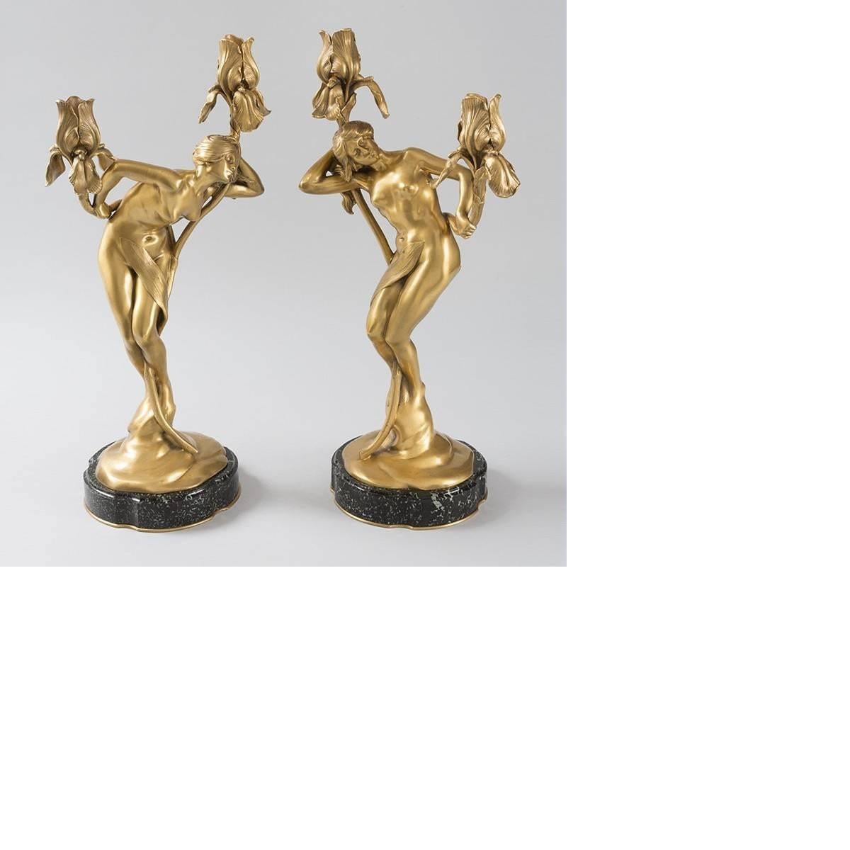 Pair of French Art Nouveau Bronze Candelabras by Maurice Bouval In Excellent Condition In New York, NY
