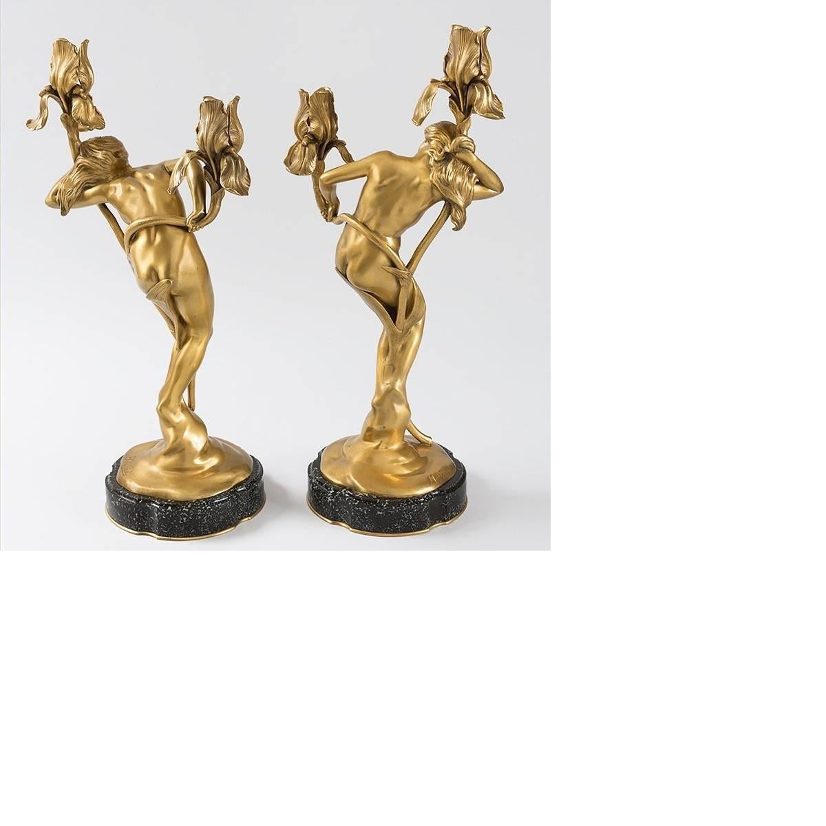 Late 19th Century Pair of French Art Nouveau Bronze Candelabras by Maurice Bouval