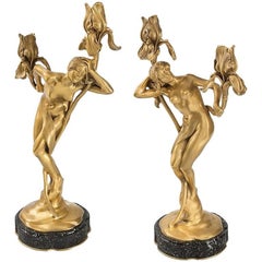 Pair of French Art Nouveau Bronze Candelabras by Maurice Bouval