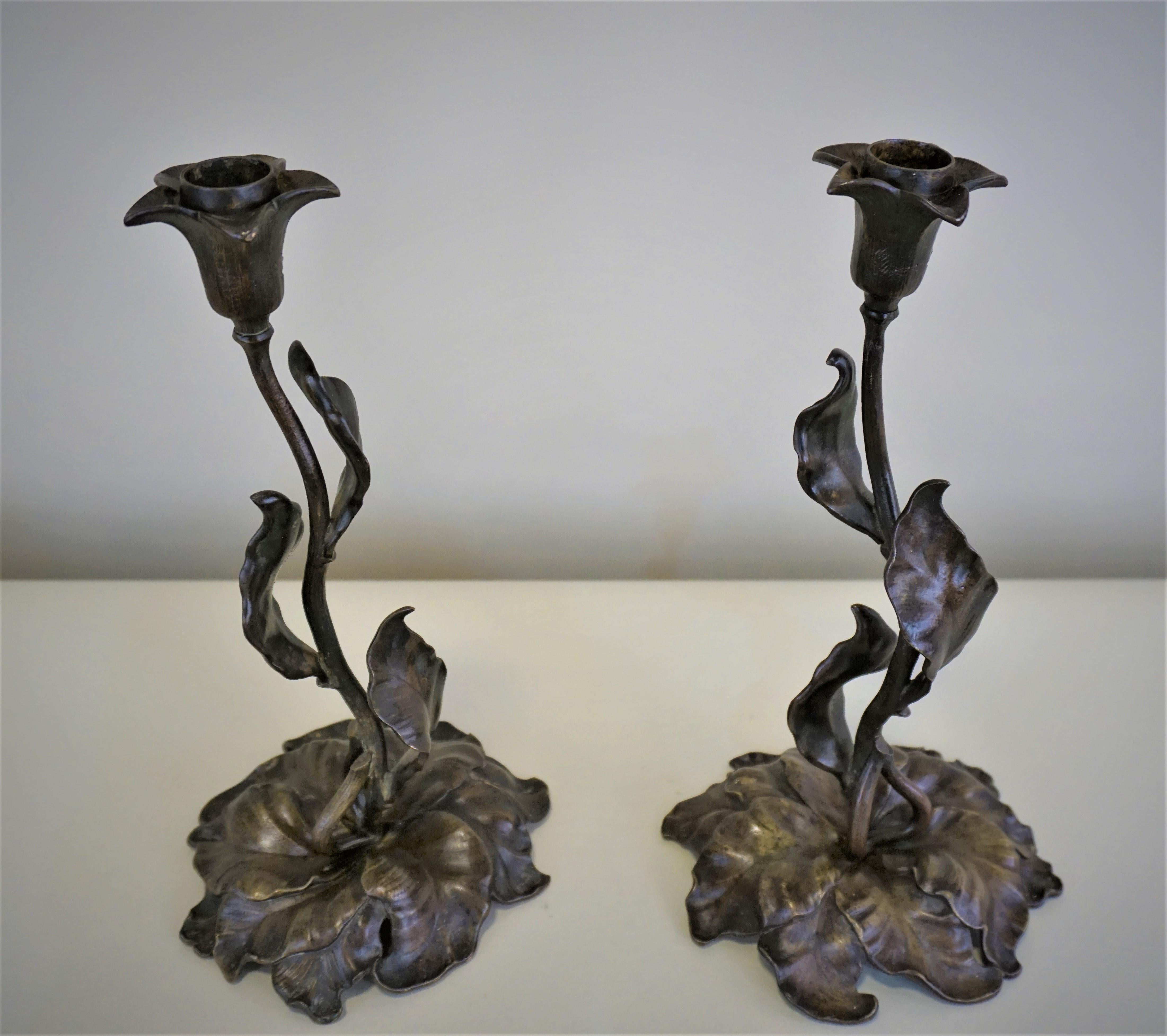Pair of French Art Nouveau Bronze Candlesticks 2