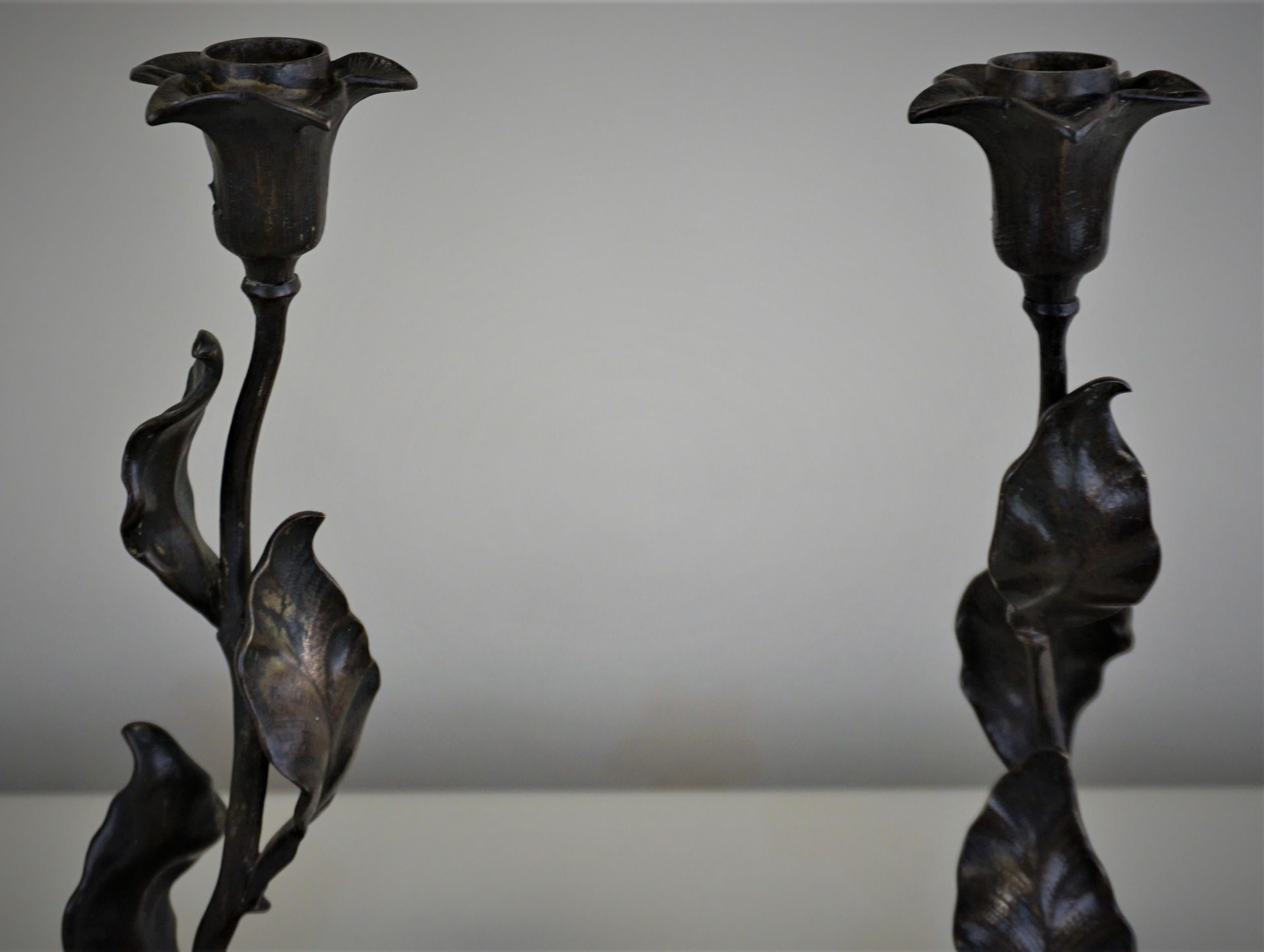 Pair of French Art Nouveau Bronze Candlesticks 5