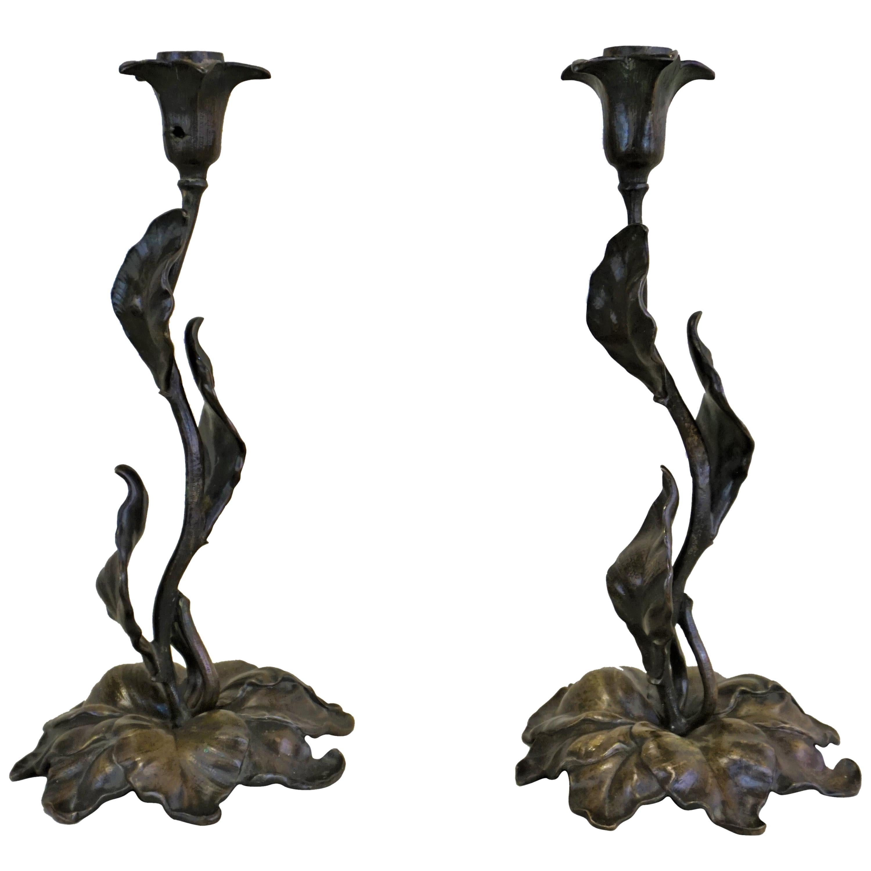 Pair of French Art Nouveau Bronze Candlesticks