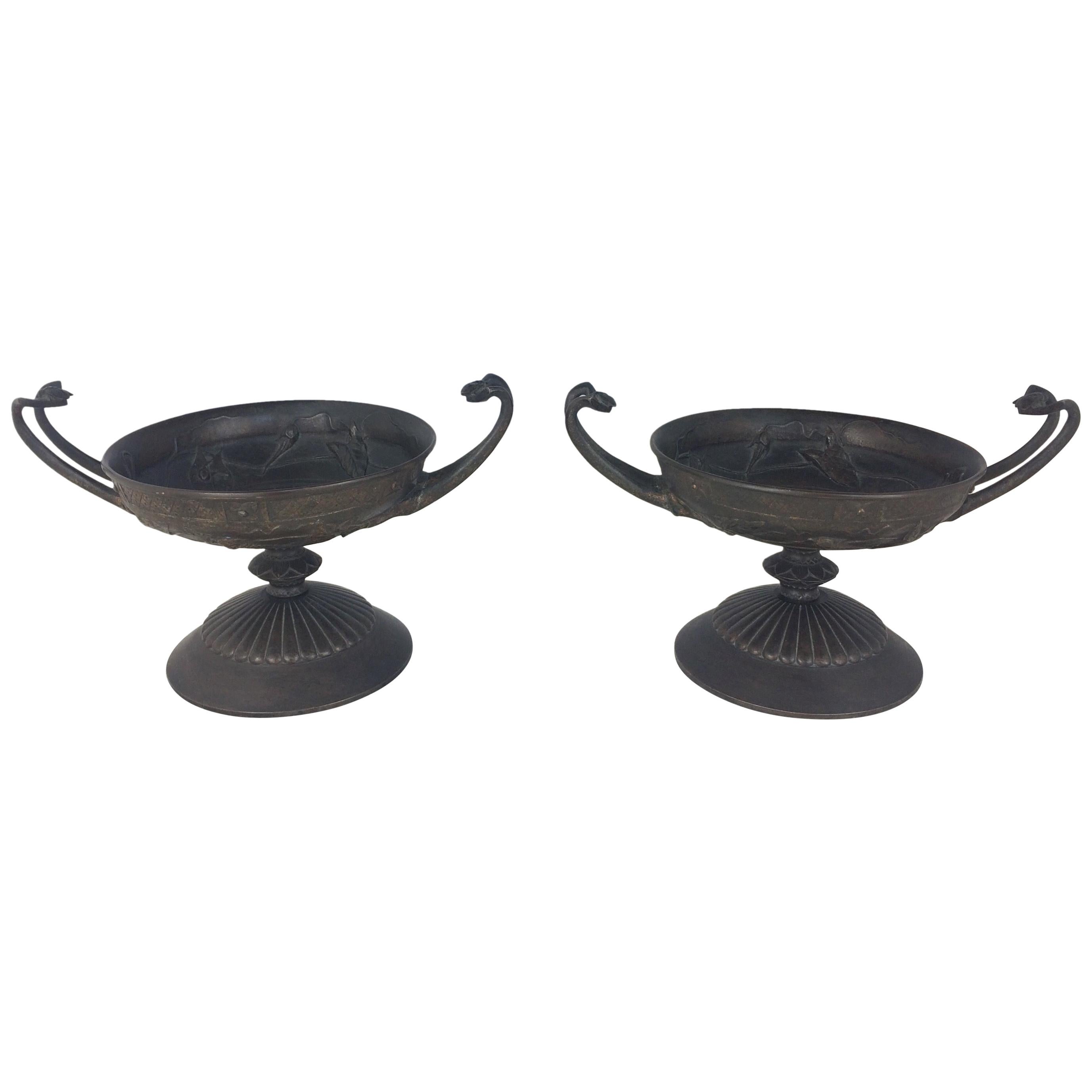Pair of French Art Nouveau Art Deco Bronze Mantel Garniture Cups