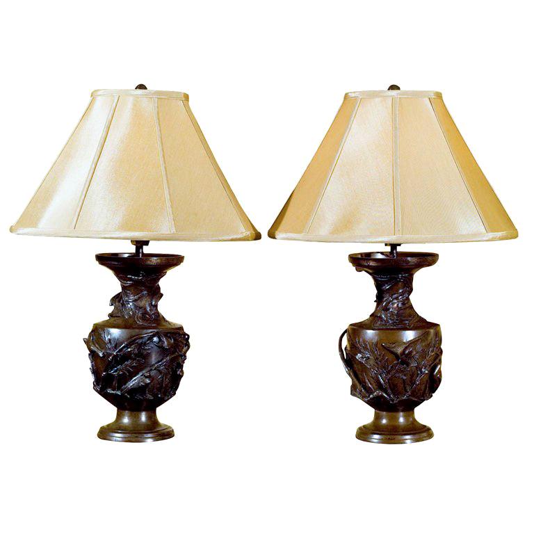 Pair of Antique Meji  Bronze Lamps