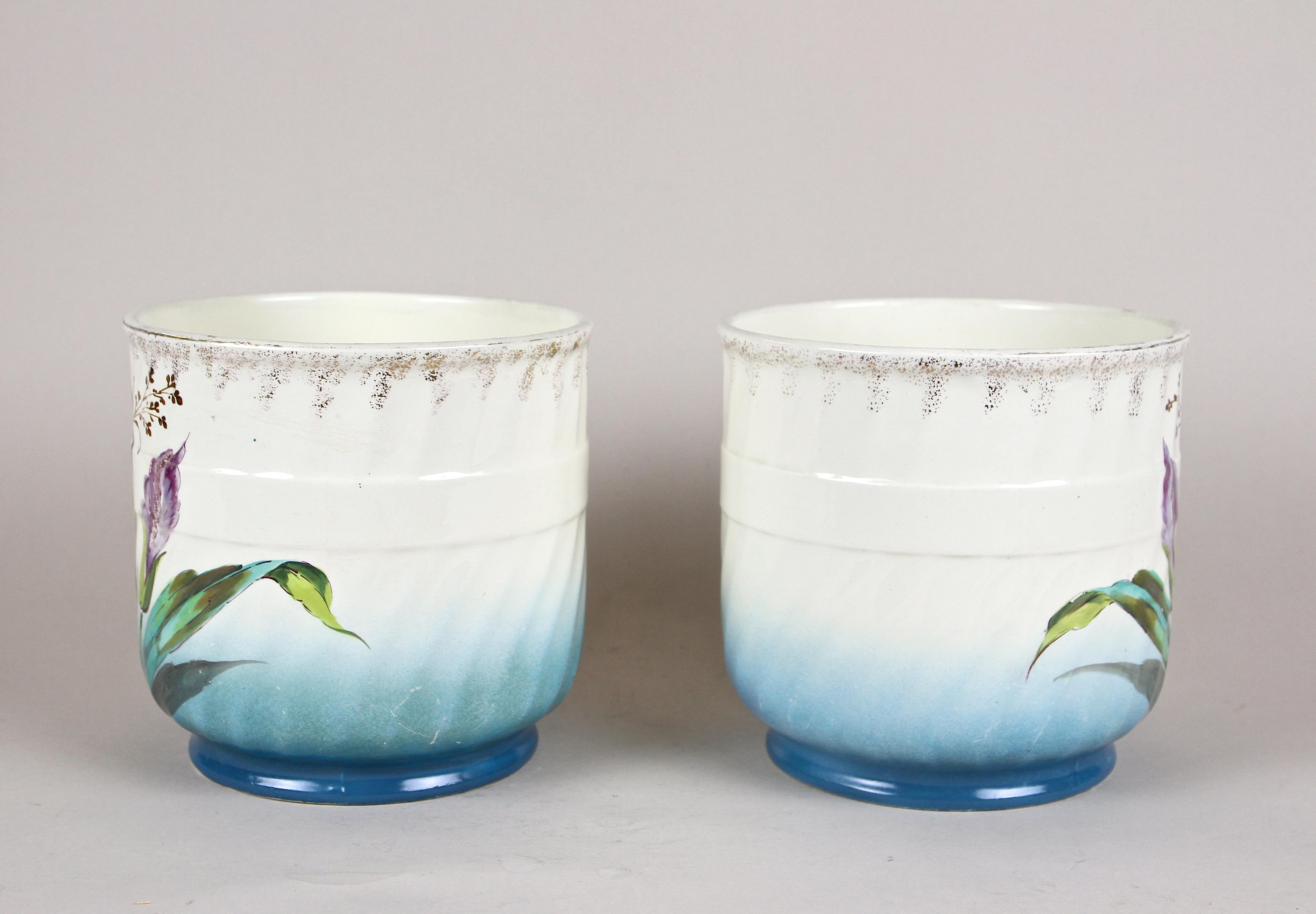 20th Century Pair of French Art Nouveau Cachepots, Hand Painted, France circa 1900 For Sale