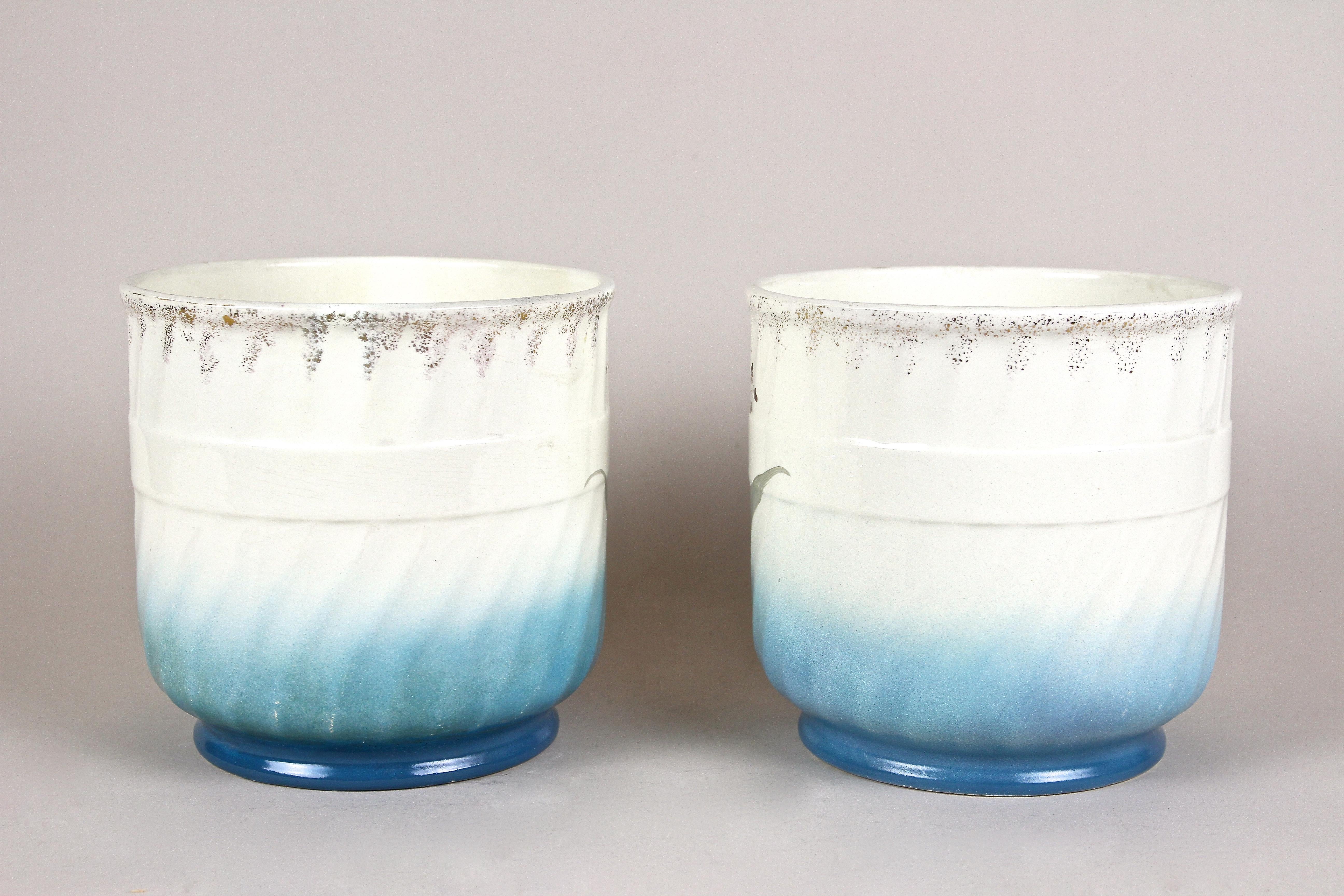 Ceramic Pair of French Art Nouveau Cachepots, Hand Painted, France circa 1900 For Sale