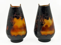 Pair of French Art Nouveau Cameo Glass Vases with Landscape Motifs, by Gallé