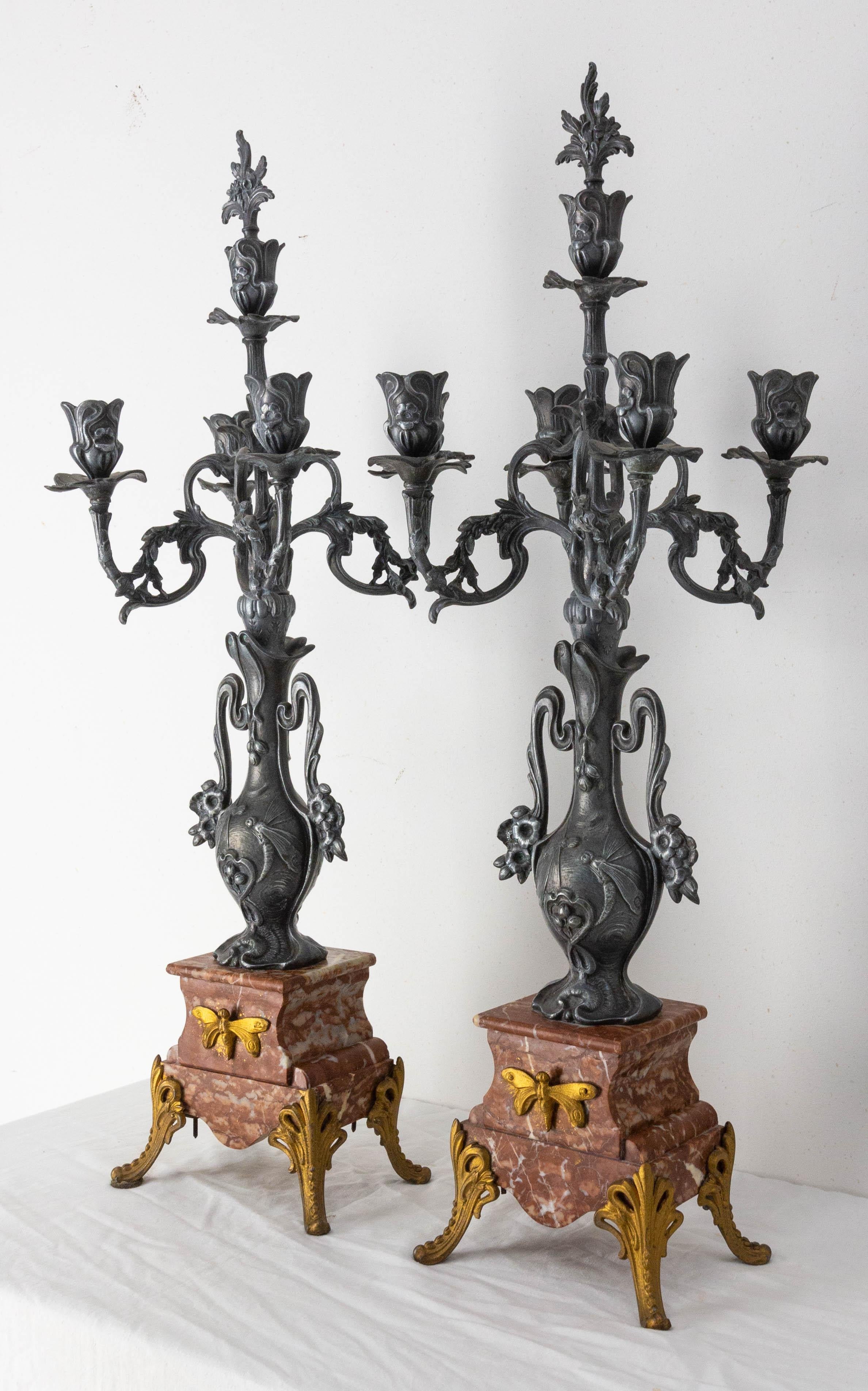 Pair of Marble and zamac candelabras
French art Nouveau candle holder
Natural decoration with dragonflies, butterflies and flowers
circa 1900
Good antique condition

Shipping:
L62 P47 H23 8,6kg.

