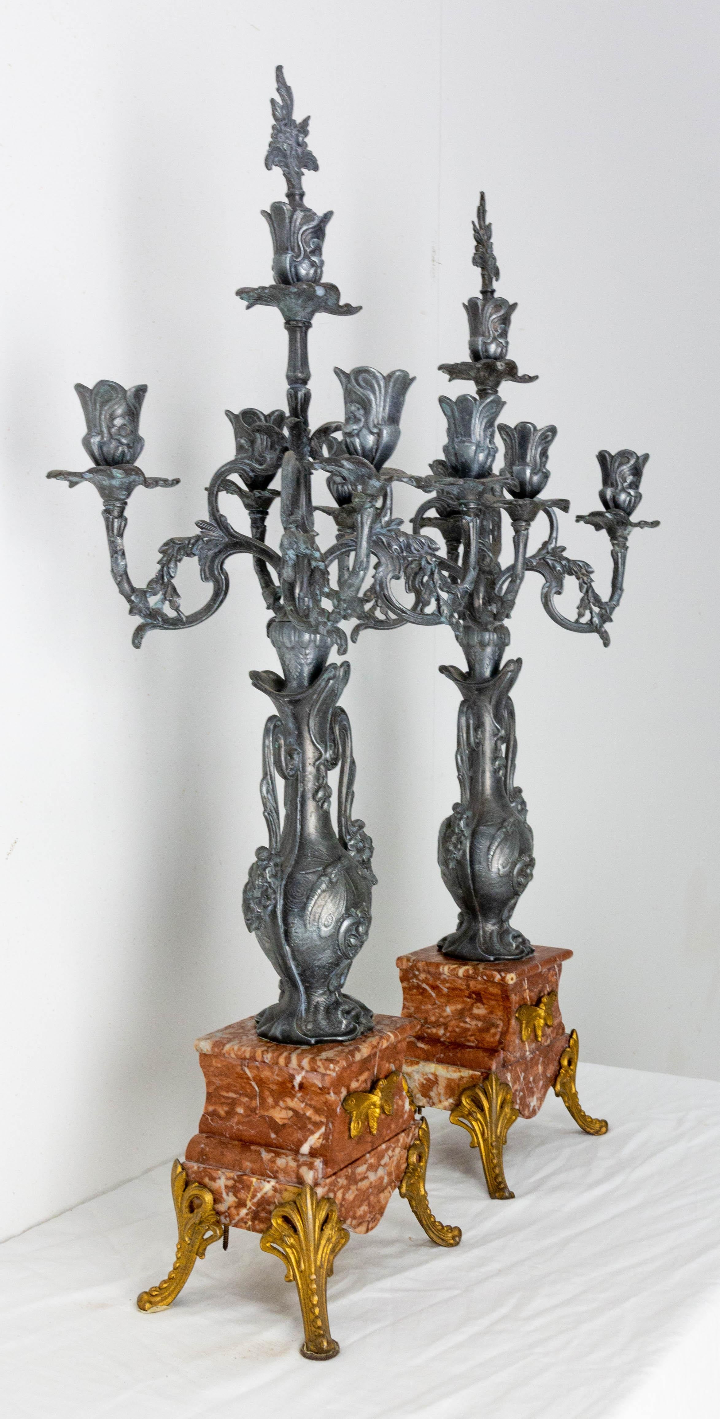 Pair of French Art Nouveau Candelabras  Marble Zamac Candleholder, Early 20th C. In Good Condition For Sale In Labrit, Landes