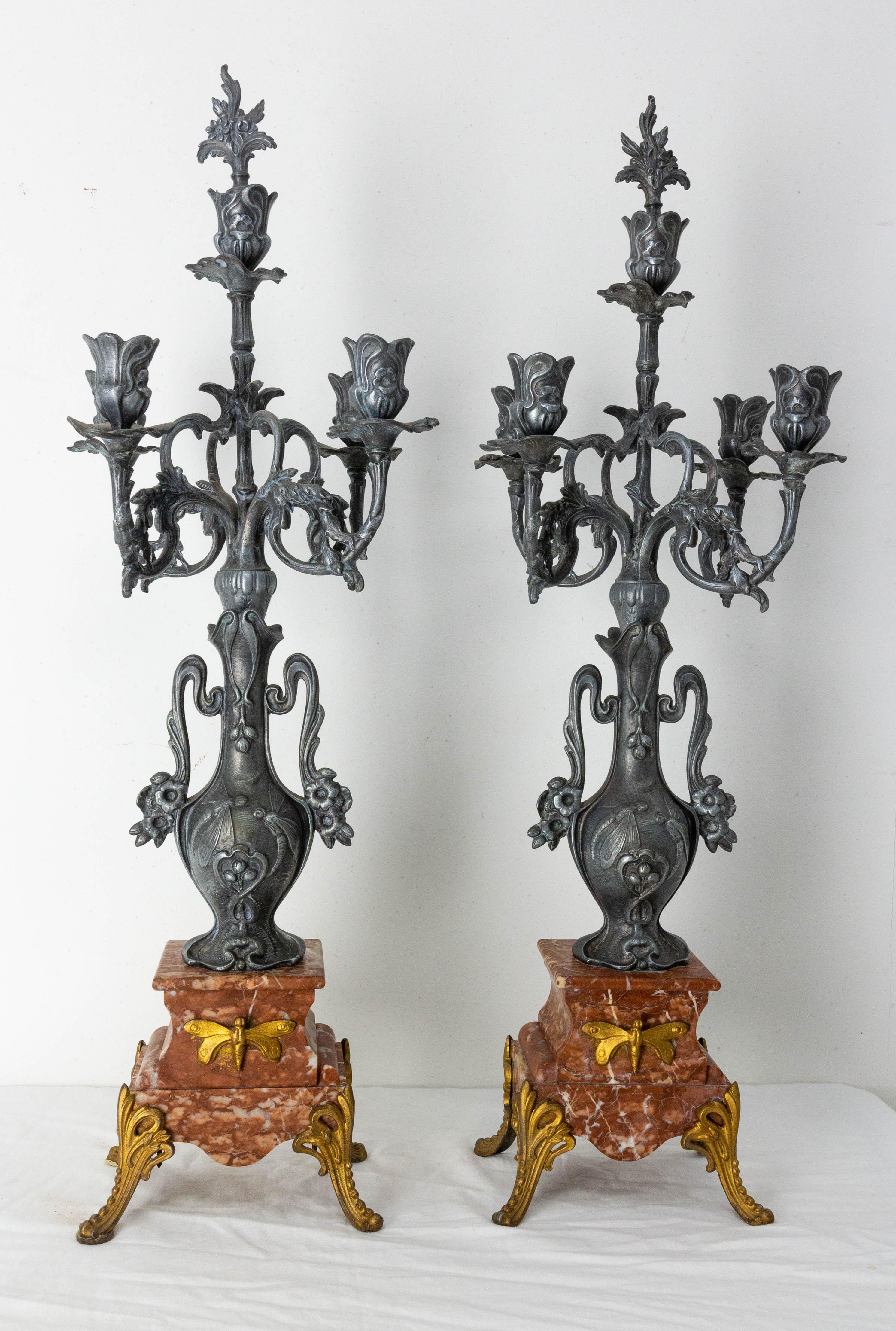 20th Century Pair of French Art Nouveau Candelabras  Marble Zamac Candleholder, Early 20th C. For Sale
