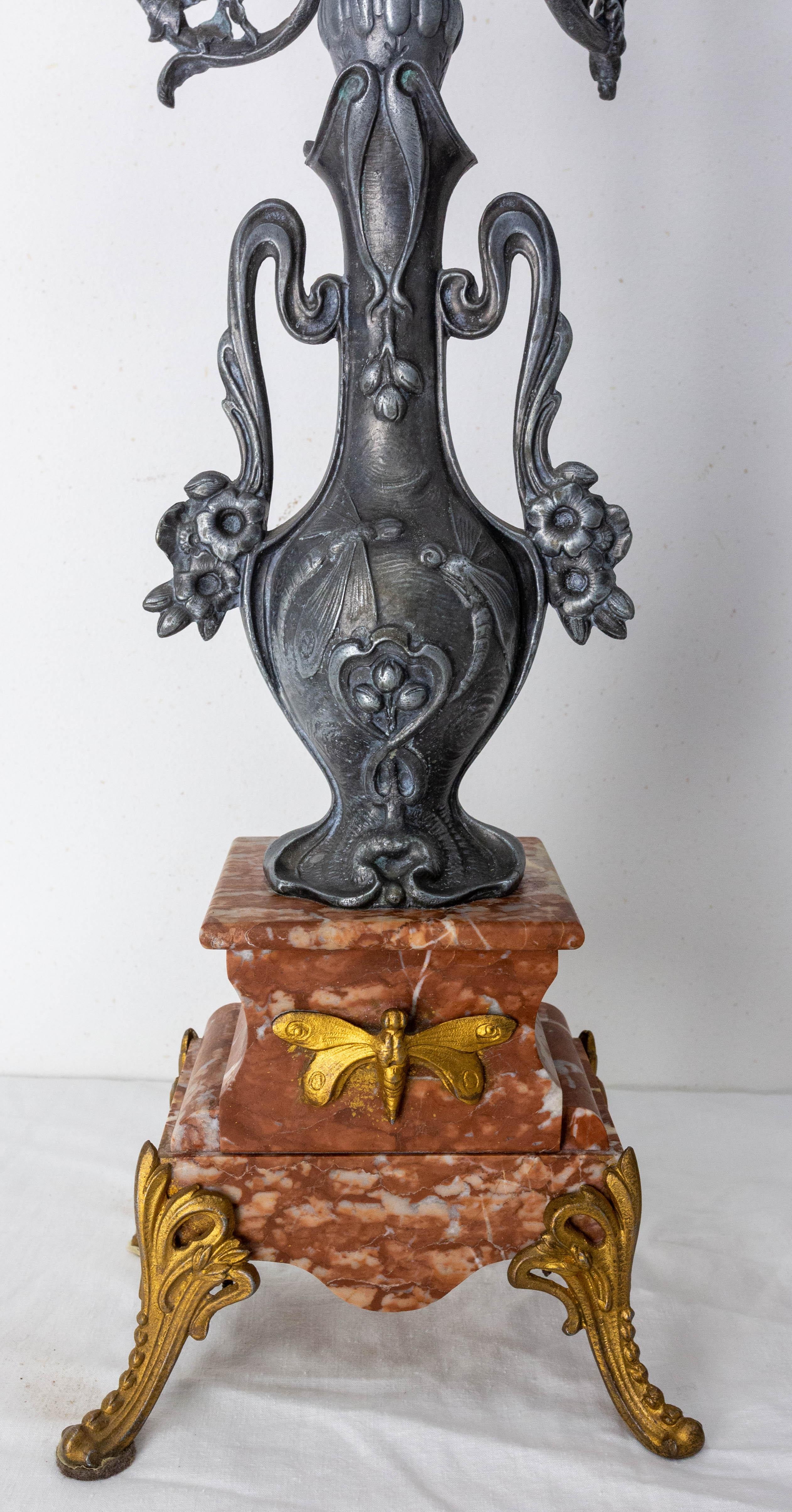 Pair of French Art Nouveau Candelabras  Marble Zamac Candleholder, Early 20th C. For Sale 1