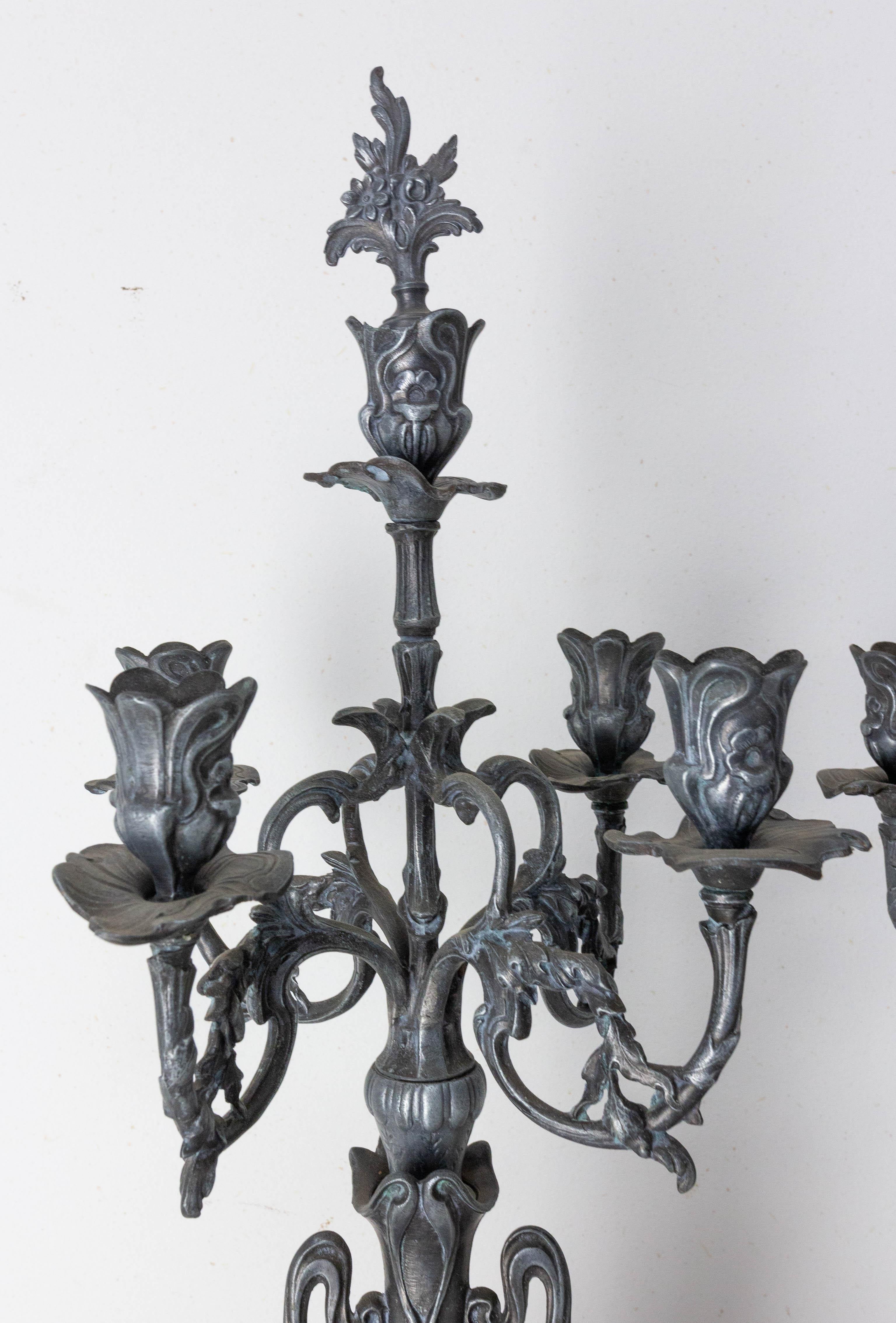 Pair of French Art Nouveau Candelabras  Marble Zamac Candleholder, Early 20th C. For Sale 2